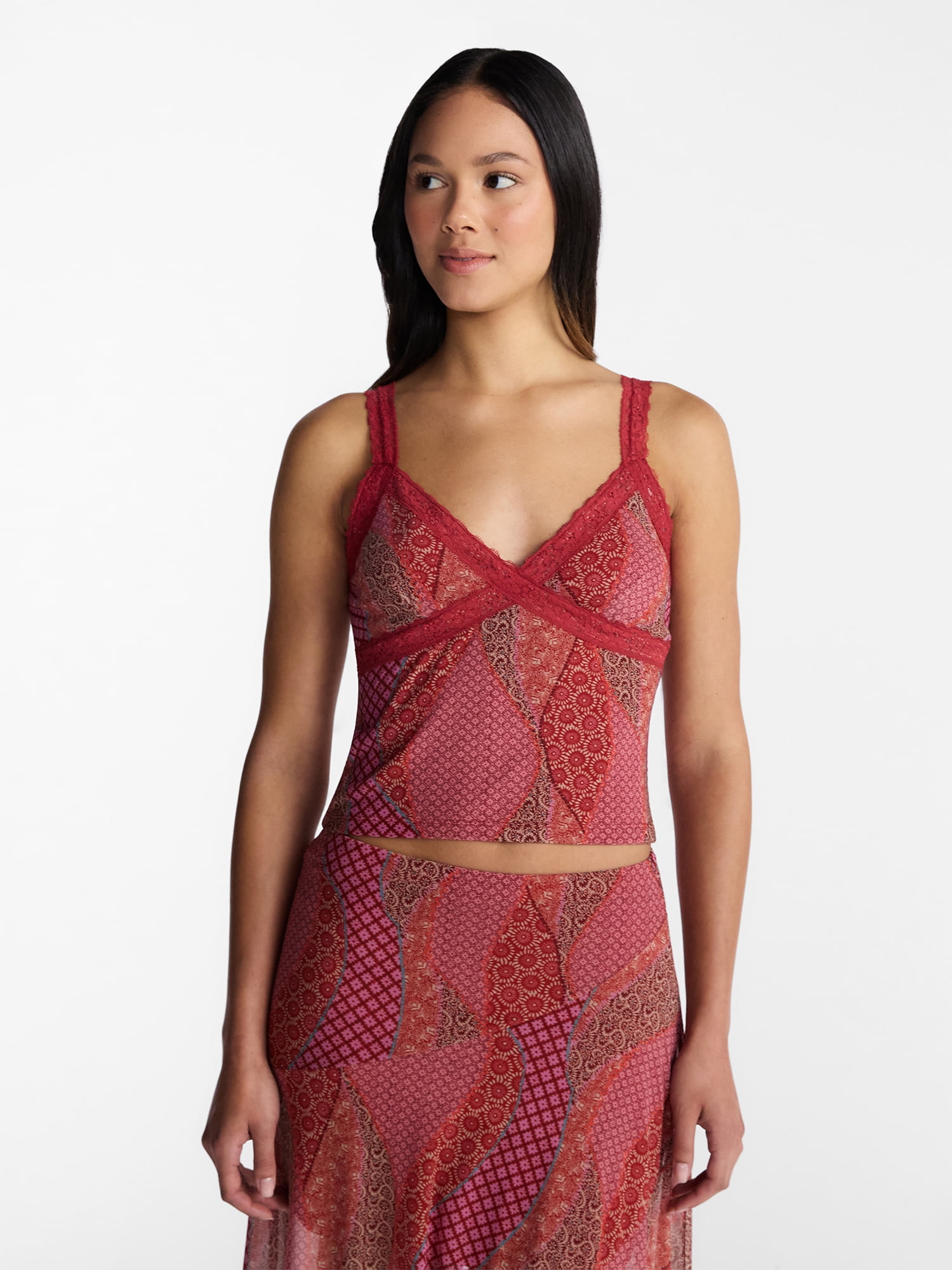 No Boundaries Women's Mesh Lace Triangle Tank Top (V-Neck, Sleeveless, Black, XXS) ai0gp