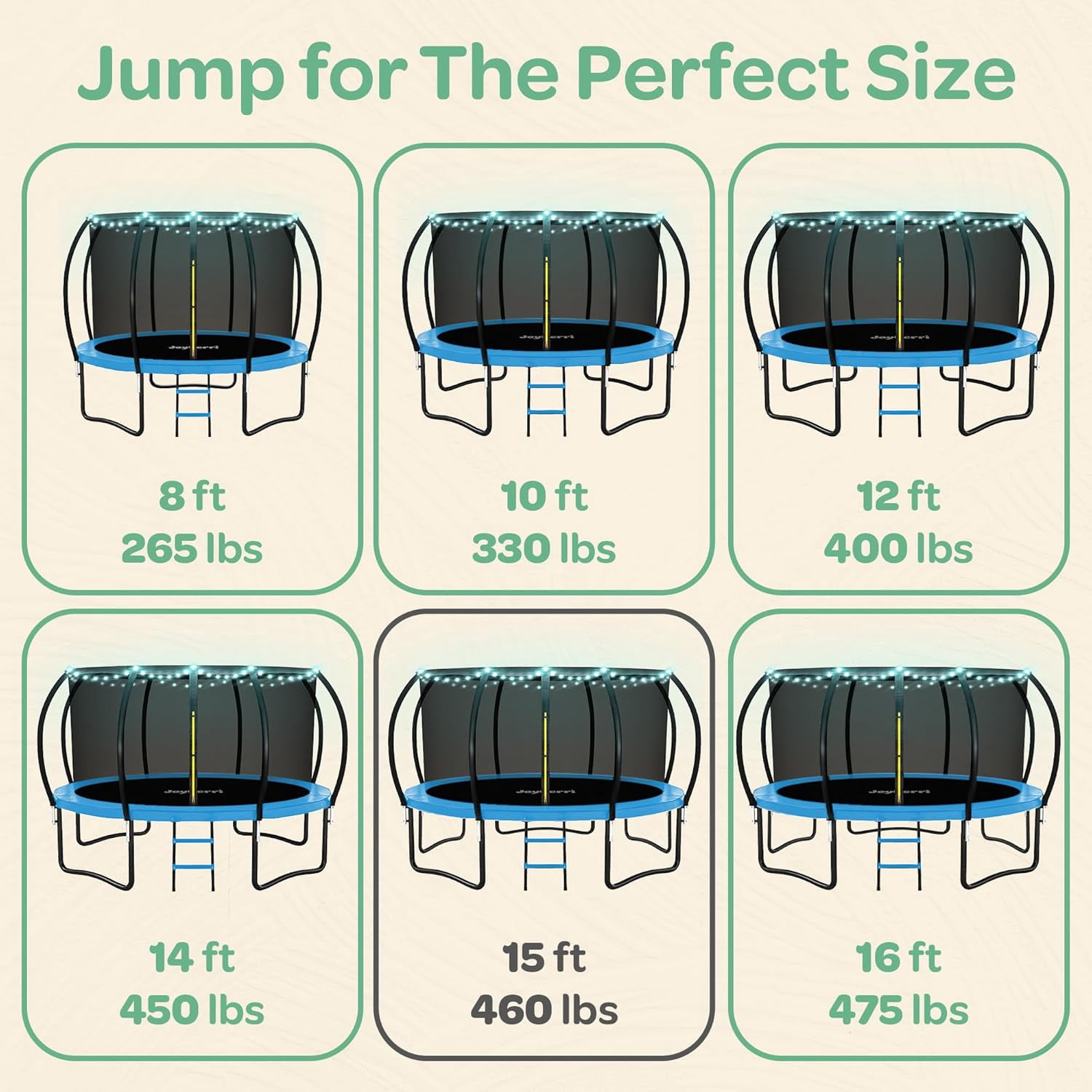 JoyBerri Outdoor Trampoline with Safety Enclosure, Ladder, LED Lights & Sprinkler (Blue, 15 ft) r0idr