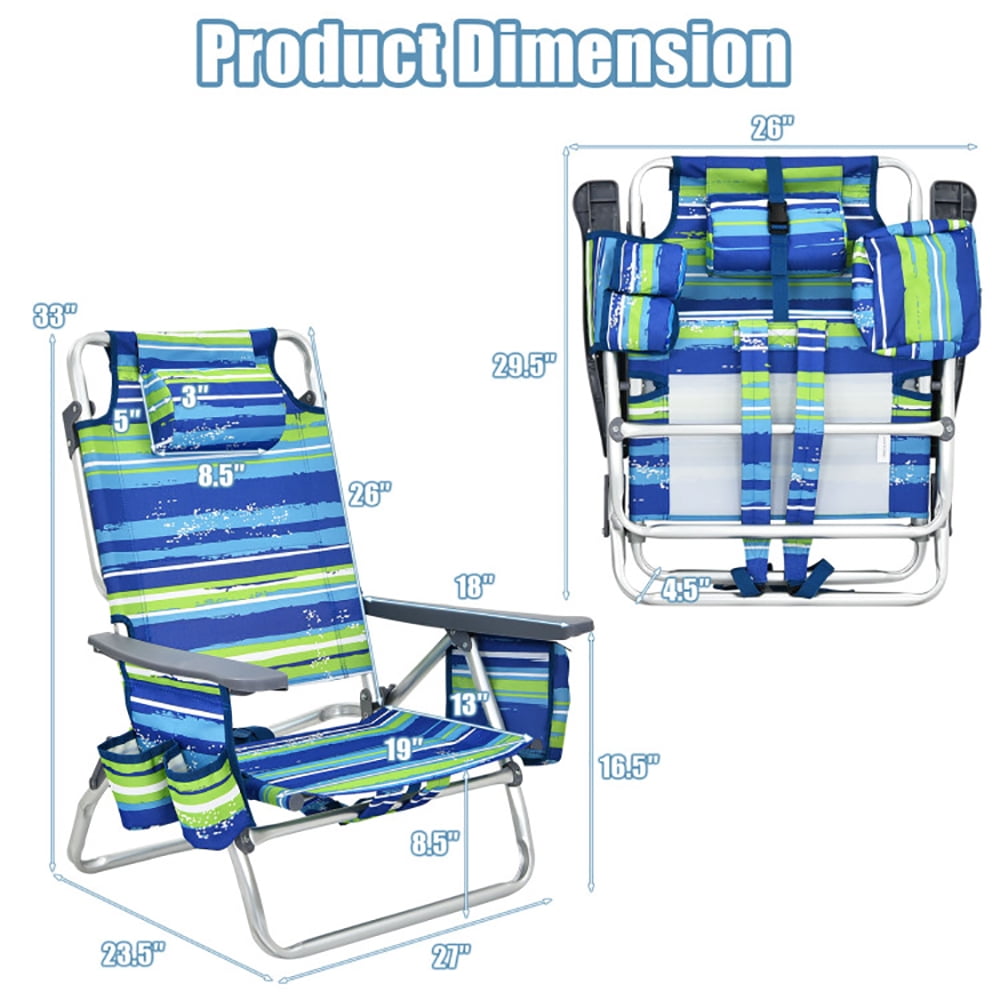 Demifill 2-Pack Folding Backpack Beach Chair, 5-Position Adjustable Reclining Outdoor Lawn Chair with Storage (Blue, 2-Pack) 7t15c