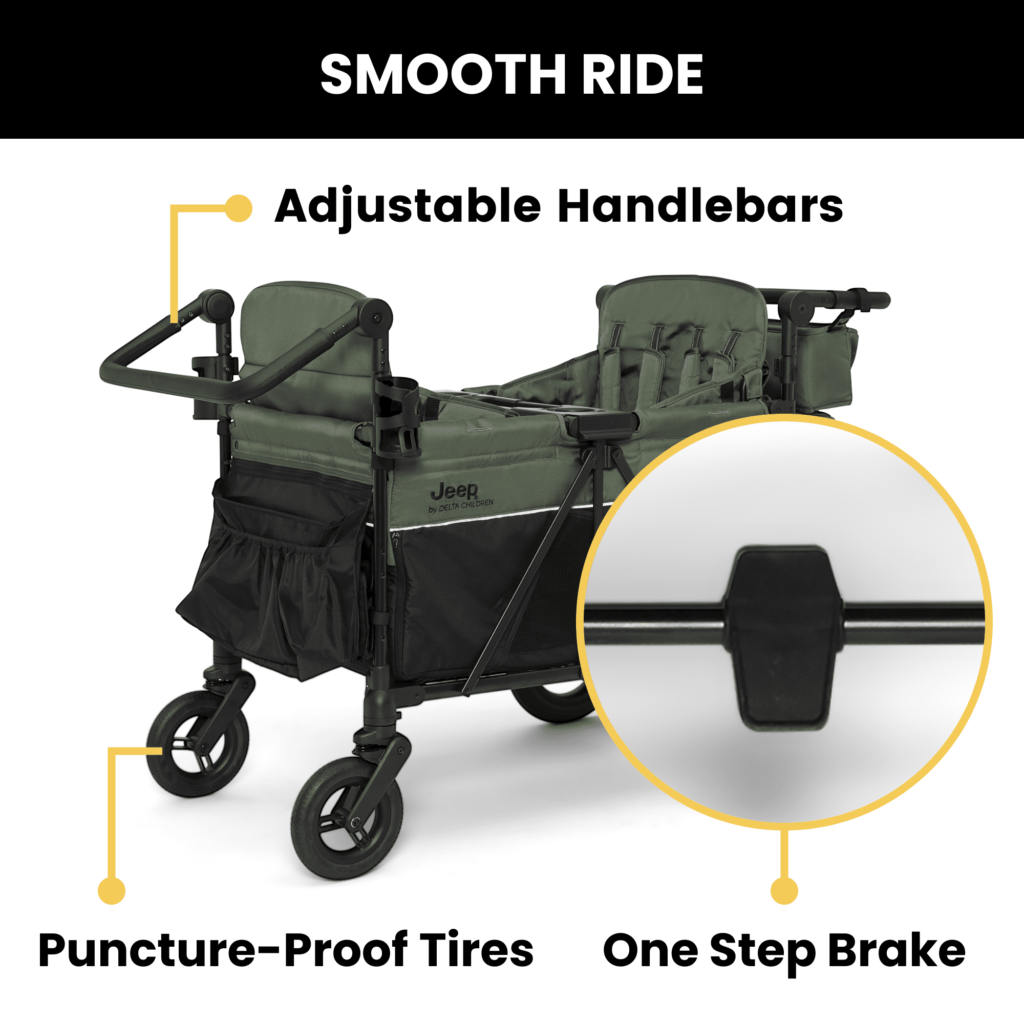 Jeep Wrangler Deluxe 4-Seater Stroller Wagon by Delta Children (Black/Green, 41 in L x 30.25 in W x 51 in H) hed8z