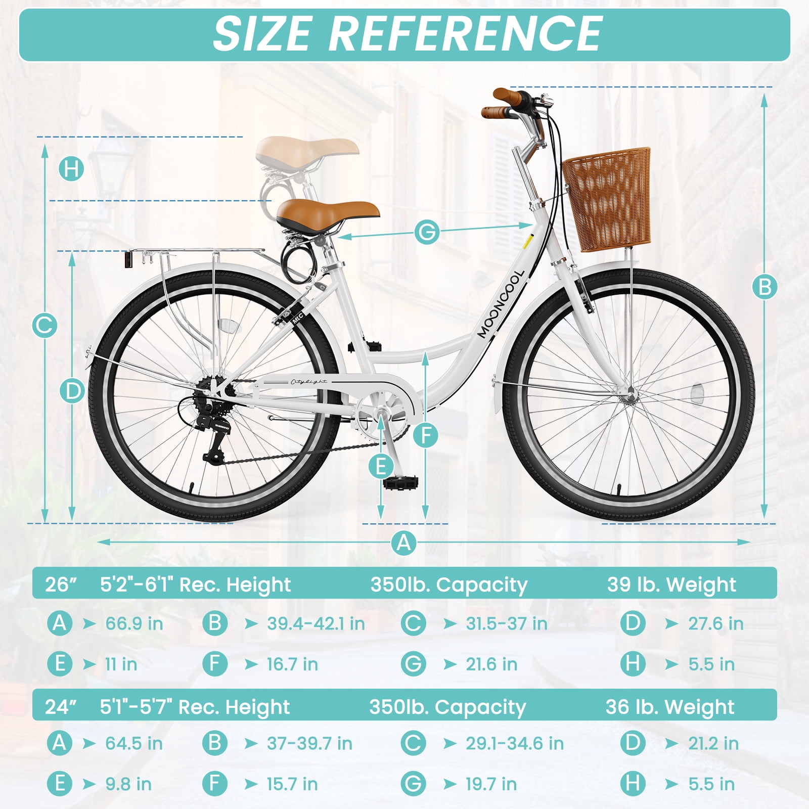 MOONCOOL 7-Speed Cruiser Bike for Women, Step-Through City Bicycle with Basket and Rear Rack (White, 26 in) mld91