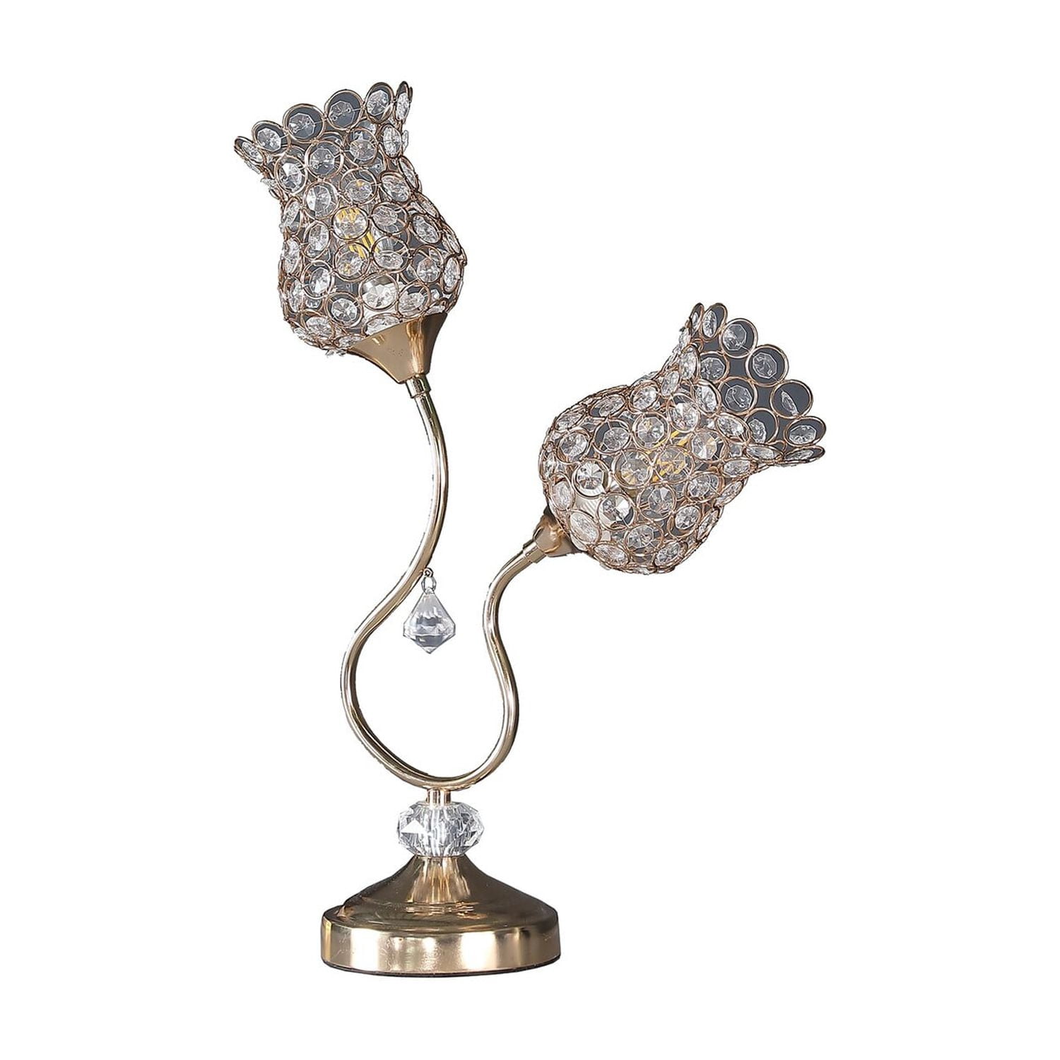 Saltoro Sherpi Metal Table Lamp with Floral Trumpet Shade and Crystal Accents (Gold, 24 in) i31dk