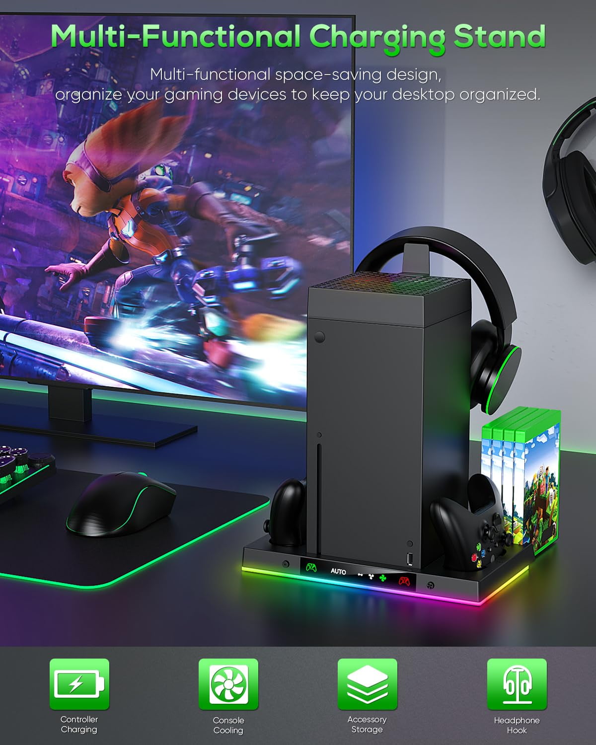 Prociv Xbox Series X Cooling Fan and Charging Station with RGB Lighting (Black, 1-Pack) rswkf