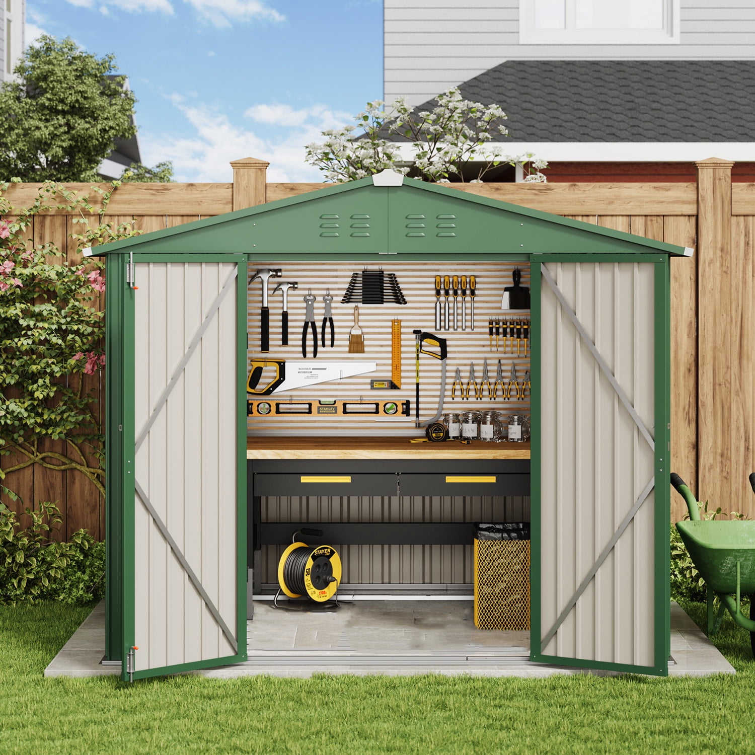 Asofer Outdoor Storage Shed, Galvanized Metal Garden Utility House with Double Lockable Doors (Green, 8 x 6 ft) 5tyxo