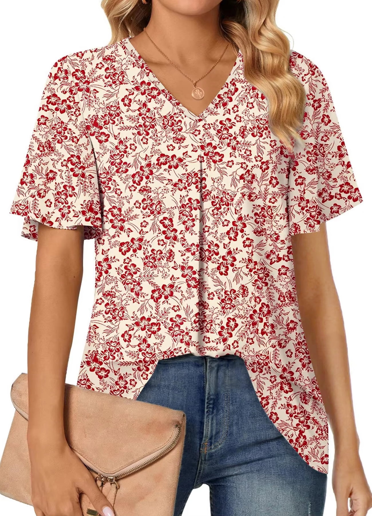Fantaslook Womens V Neck Tunic Blouse Short Sleeve Dressy Casual Work Shirt (Red, L) h75sl