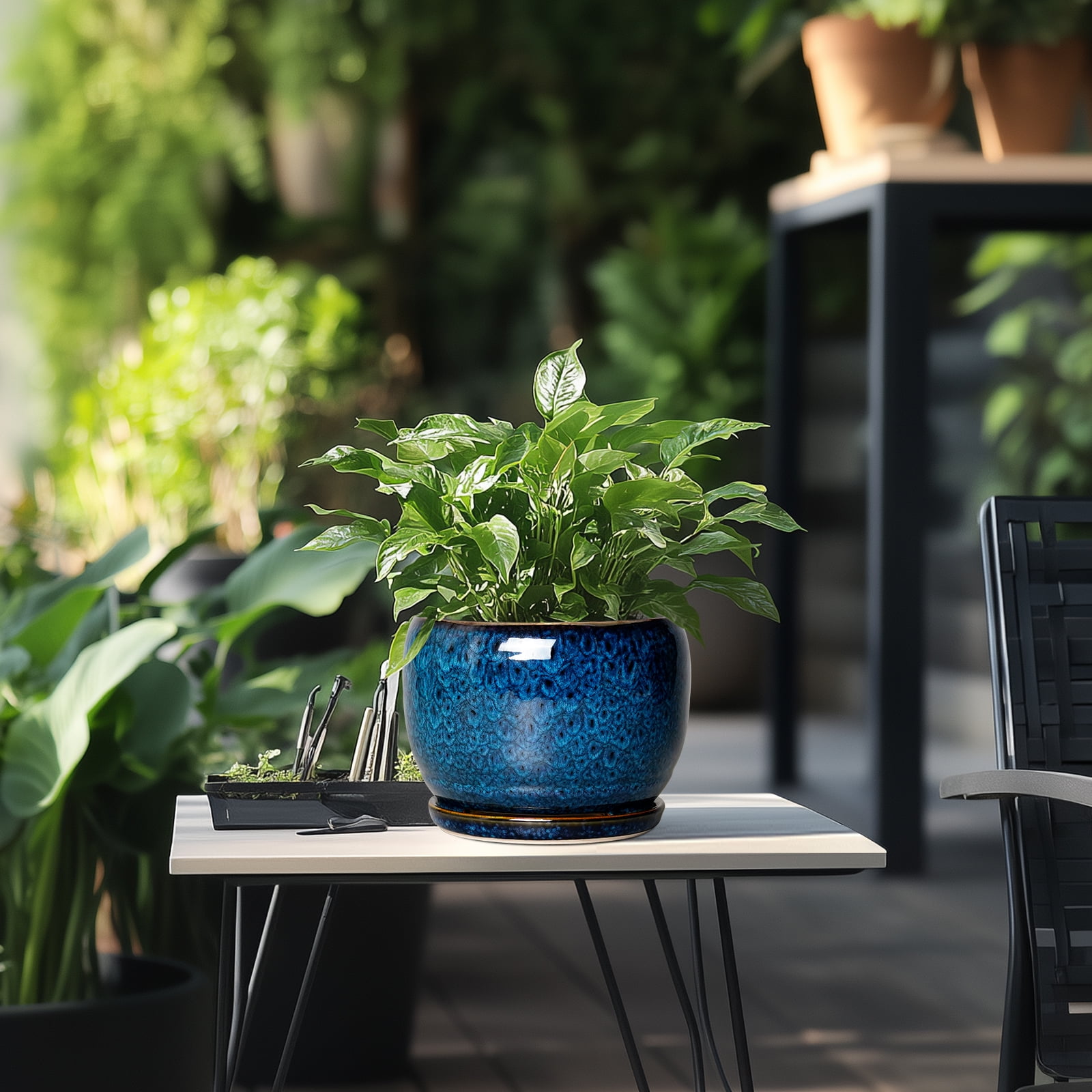 Ordivic Ceramic Planter with Drainage Hole and Saucer for Indoor Plants (Blue, 6 in) eag6w