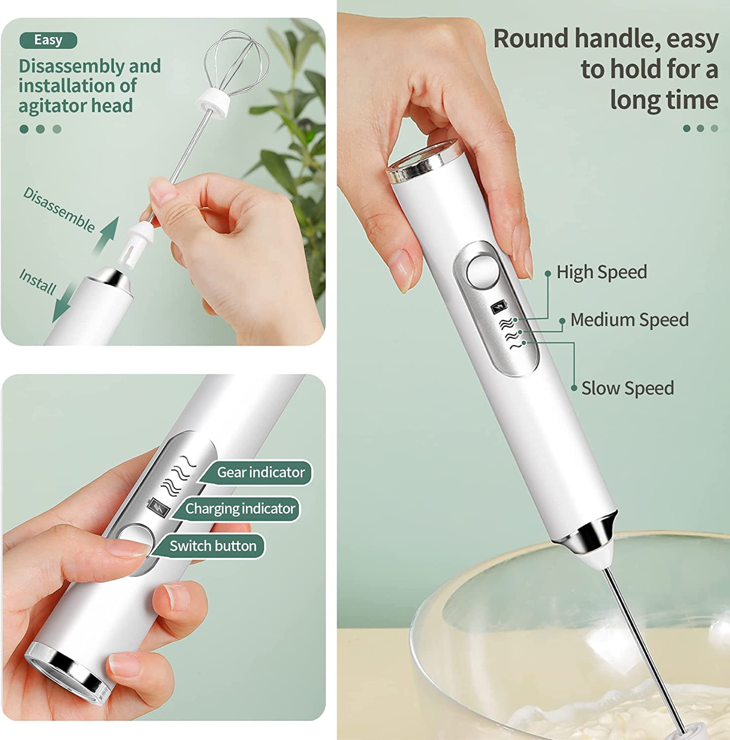 BN-LINK Handheld Milk Frother USB Rechargeable Electric Whisk Mixer with 2 Stainless Steel Heads (White, 9.25 in) s7kg7
