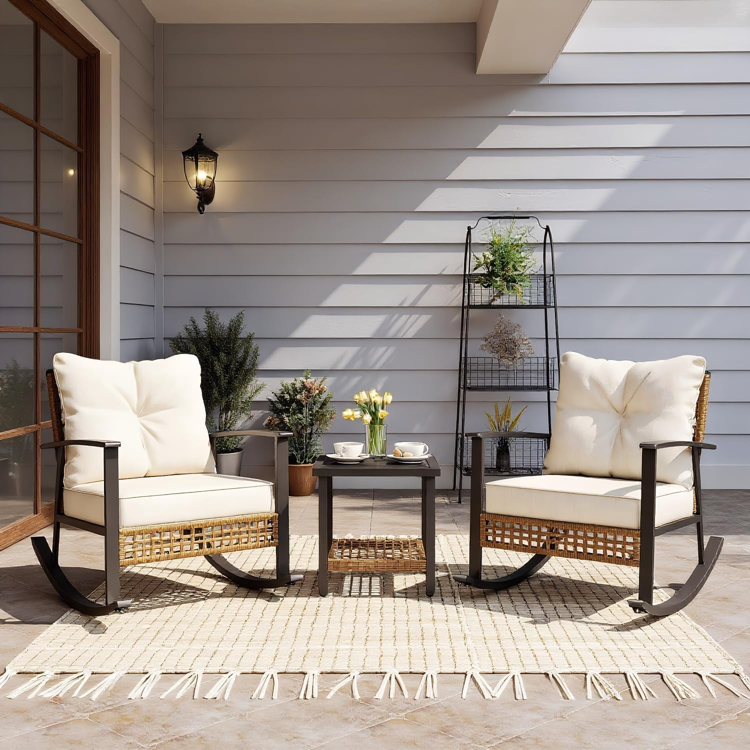 KamerOut 3-Piece Patio Conversation Set, All-Weather PE Wicker Rocking Chairs with Coffee Table (Beige, 3-Piece Set) hh2ab