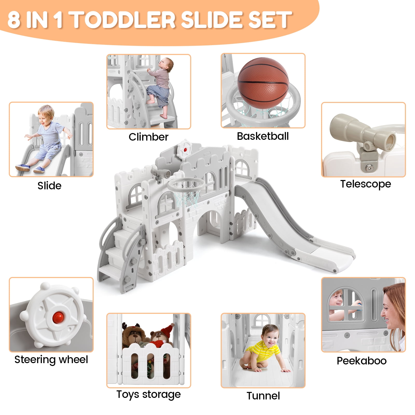 Boupower 8-in-1 Toddler Indoor Outdoor Playset with Slide, Basketball Hoop, and Climbing Tunnel (Grey, 1 Pack) 2kphb