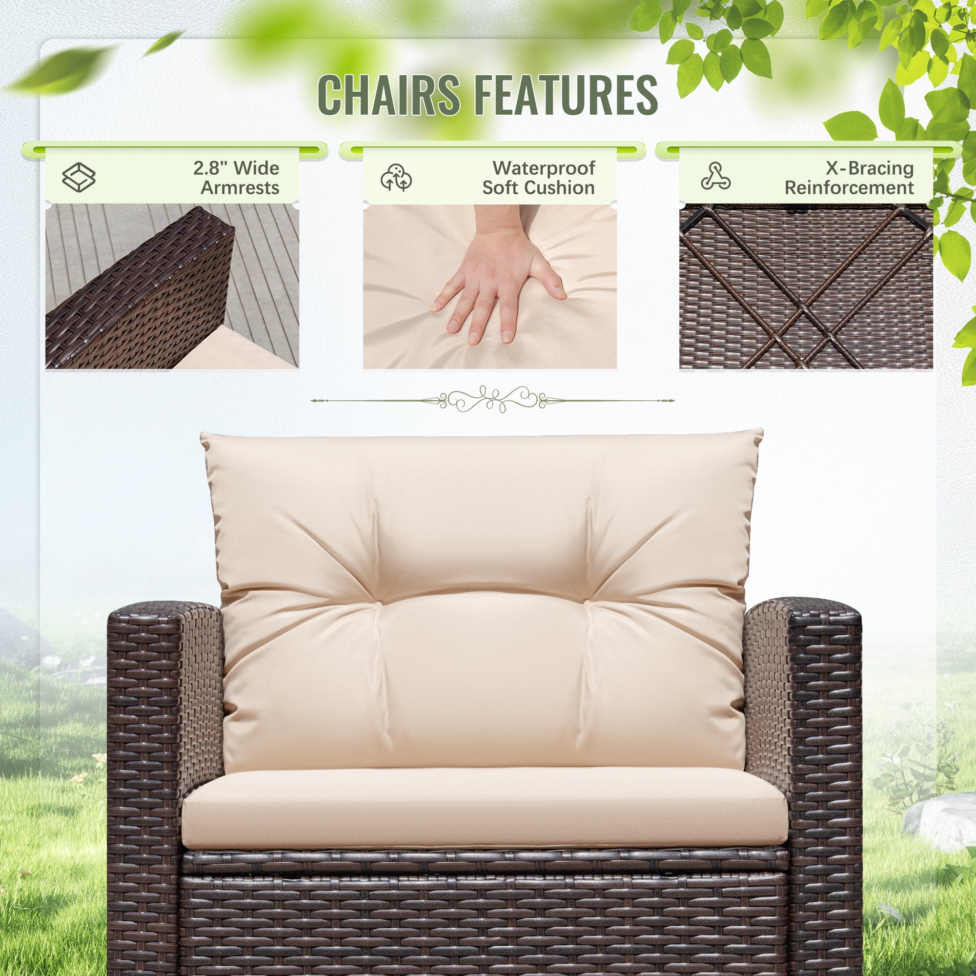 Homall 3-Piece Patio Furniture Set, Outdoor Rattan Bistro Chairs with Cushions and Coffee Table (Beige) 7jzjh