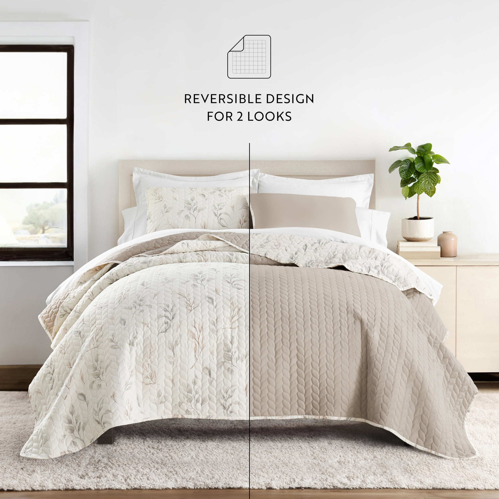 Comfort Canopy Ultra Soft Lightweight Quilt Set, Watercolor Leaves Botanical Print (Beige, Twin/Twin XL) rbdmh