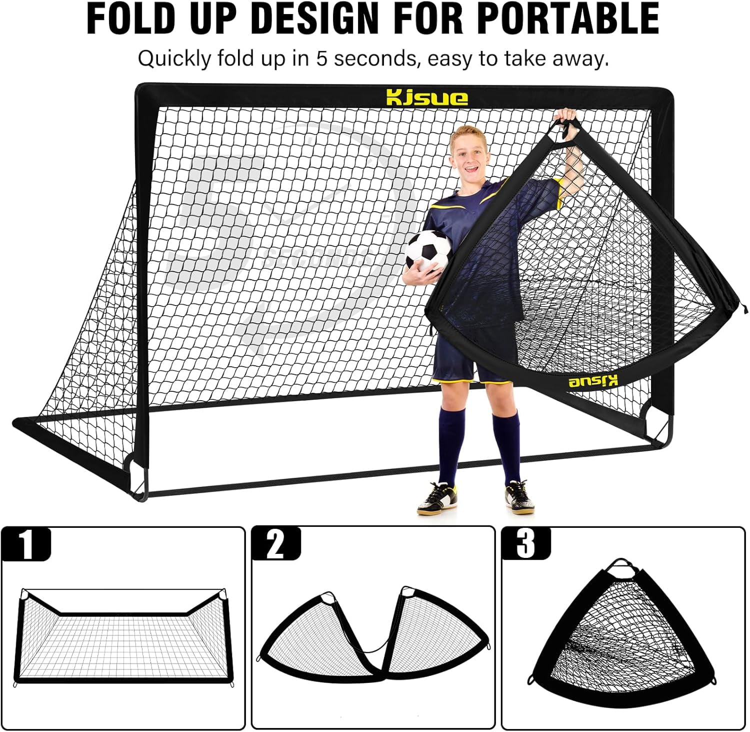KJSUE Kids Soccer Goal Set, Portable Pop Up Soccer Nets with Target, Ball, Cones, and Carrying Bag (6 ft x 4 ft, 2-Pack) i6vd5