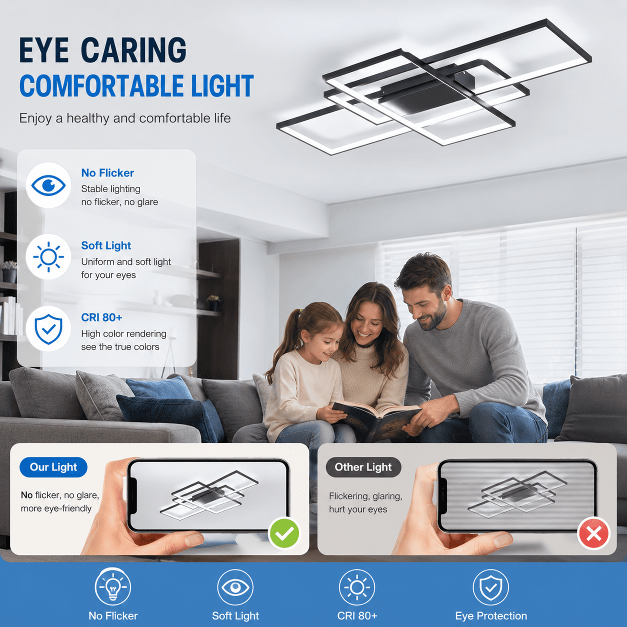 Garwarm 3-Square LED Ceiling Light, Modern Flush Mount Fixture with Remote Control (Black, 35.4 in) 58gf2