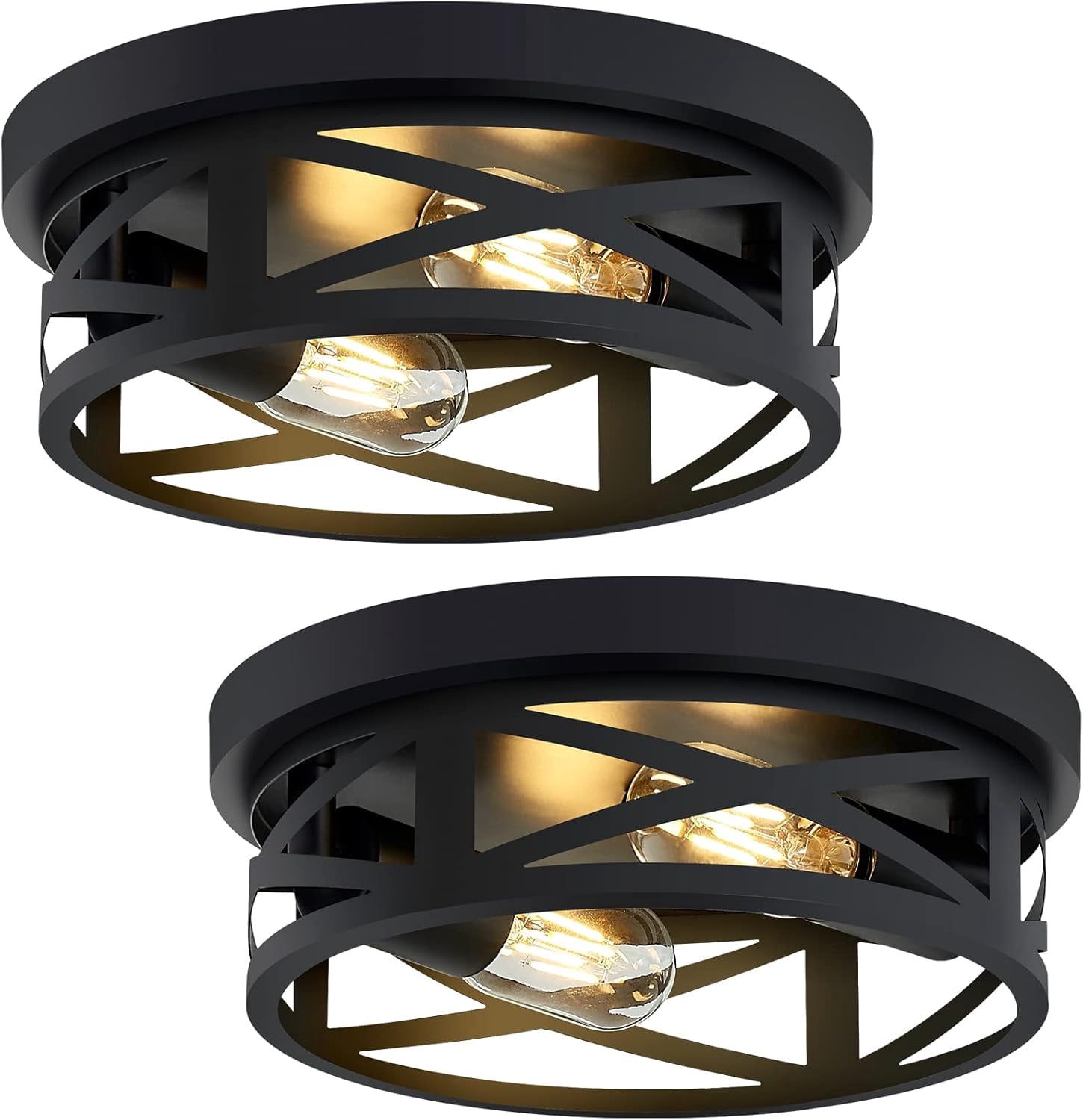 RAINBEAN Industrial Flush Mount Ceiling Light, Farmhouse Metal Cage Light Fixture for Kitchen and Hallway (Black, 2 Pack) hwg3u