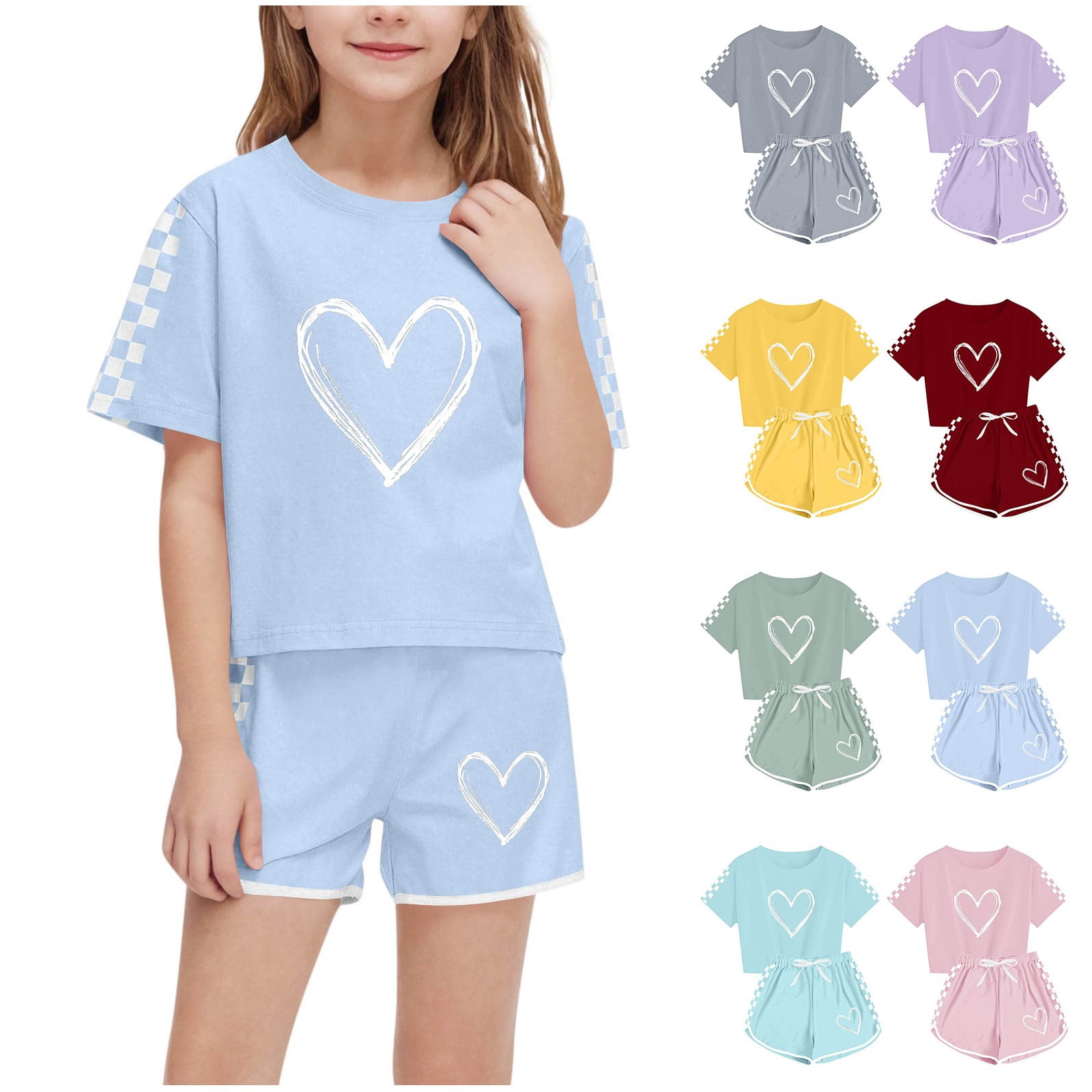 Piuwrlz Girls Summer Outfit Set Round Neck T-Shirt and Shorts Casual Playwear (Sky Blue, 7 Years) a2c32