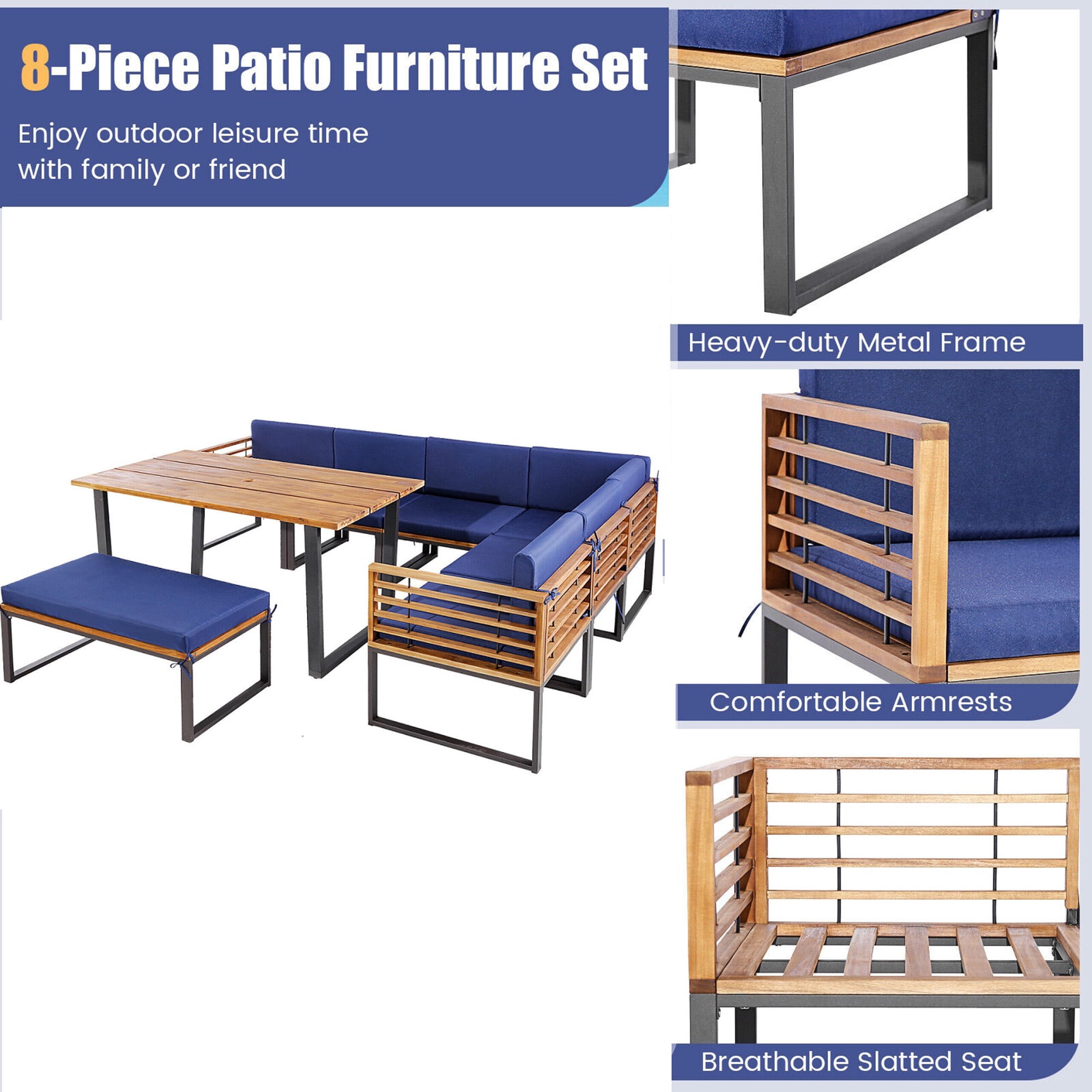 Gymax 8-Piece Patio Dining Set Acacia Wood L-Shaped Sectional Sofa with Navy Cushions (8-Piece Set) enb7g