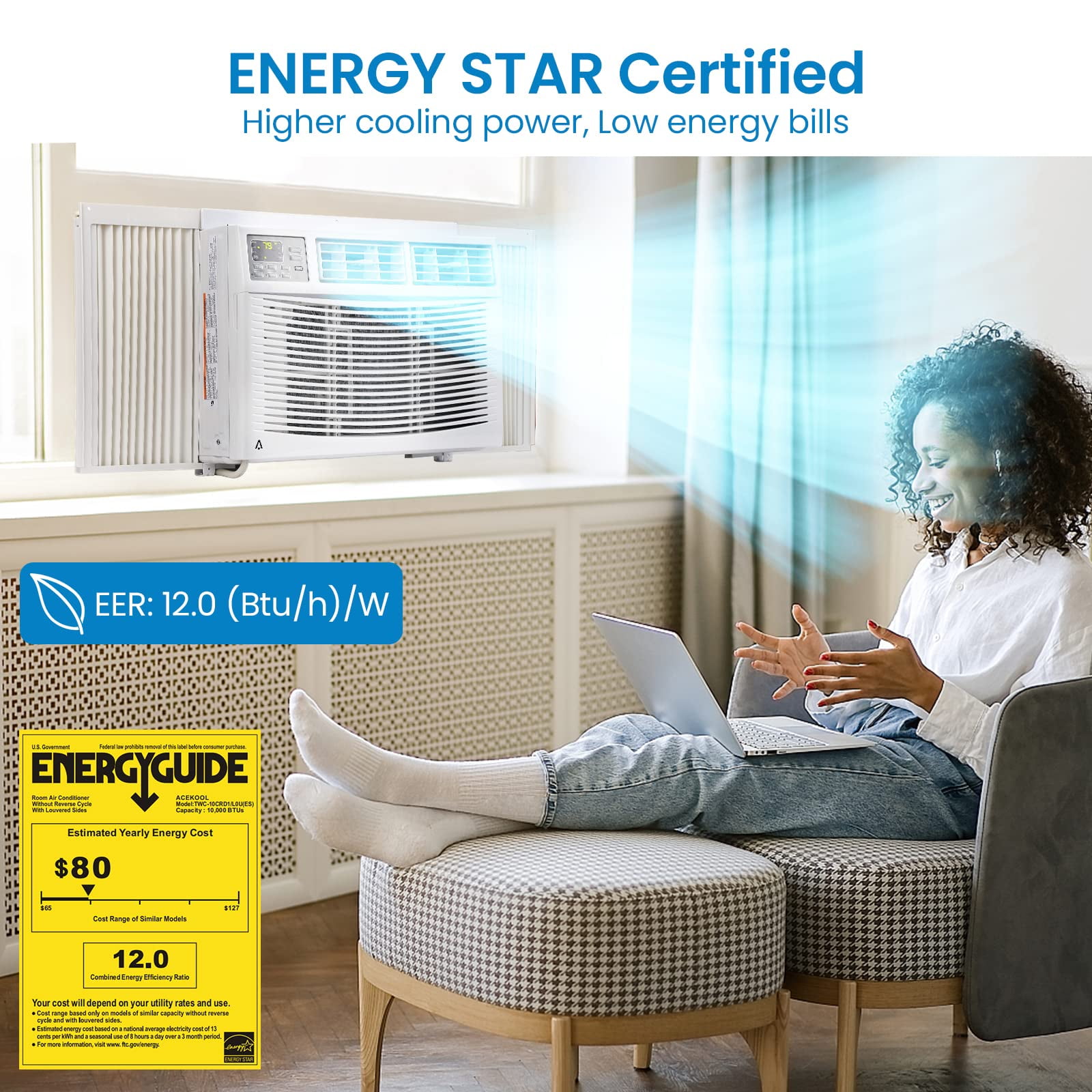 Historyli Go5H 10000 BTU Inverter Window Air Conditioner, Smart App Control Cooling Unit for Rooms up to 400 Sq.ft (White, 1 Unit) f3azv