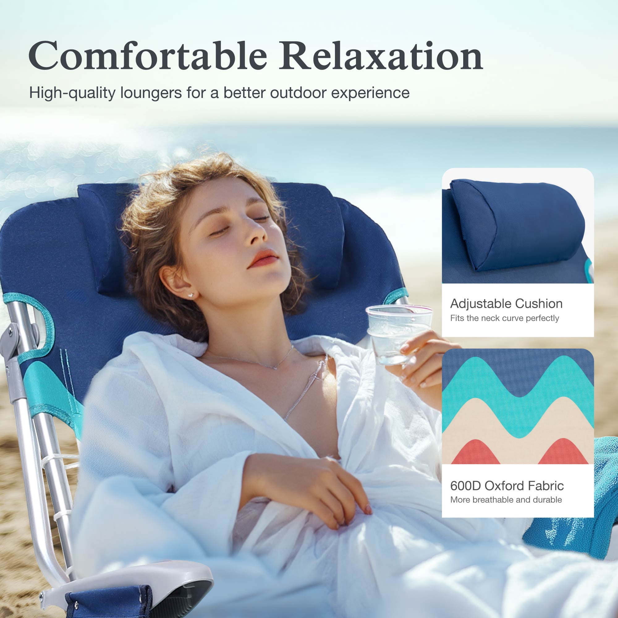 Sophia & William 2 Pack Folding Beach Chairs with 4 Adjustable Positions and Cooler Bag (Blue, 250 lb Capacity) pp1ar