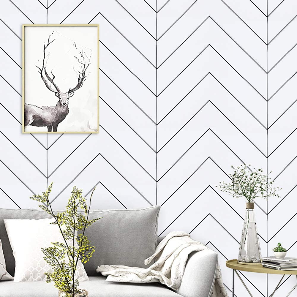 Haokhome Geometric Herringbone Peel and Stick Wallpaper Modern Trellis Self-Adhesive Contact Paper (Black and White, 17.7 in x 9.8 ft) 8ygyc