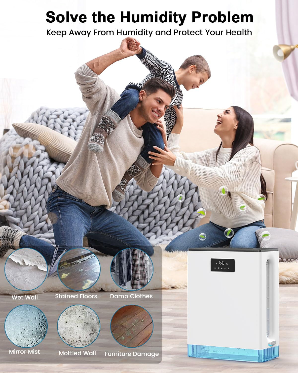BIZEWO Electric Dehumidifier for Home and Basement (Quiet Operation, 7-Color LED Light, 101 oz Tank) plmce