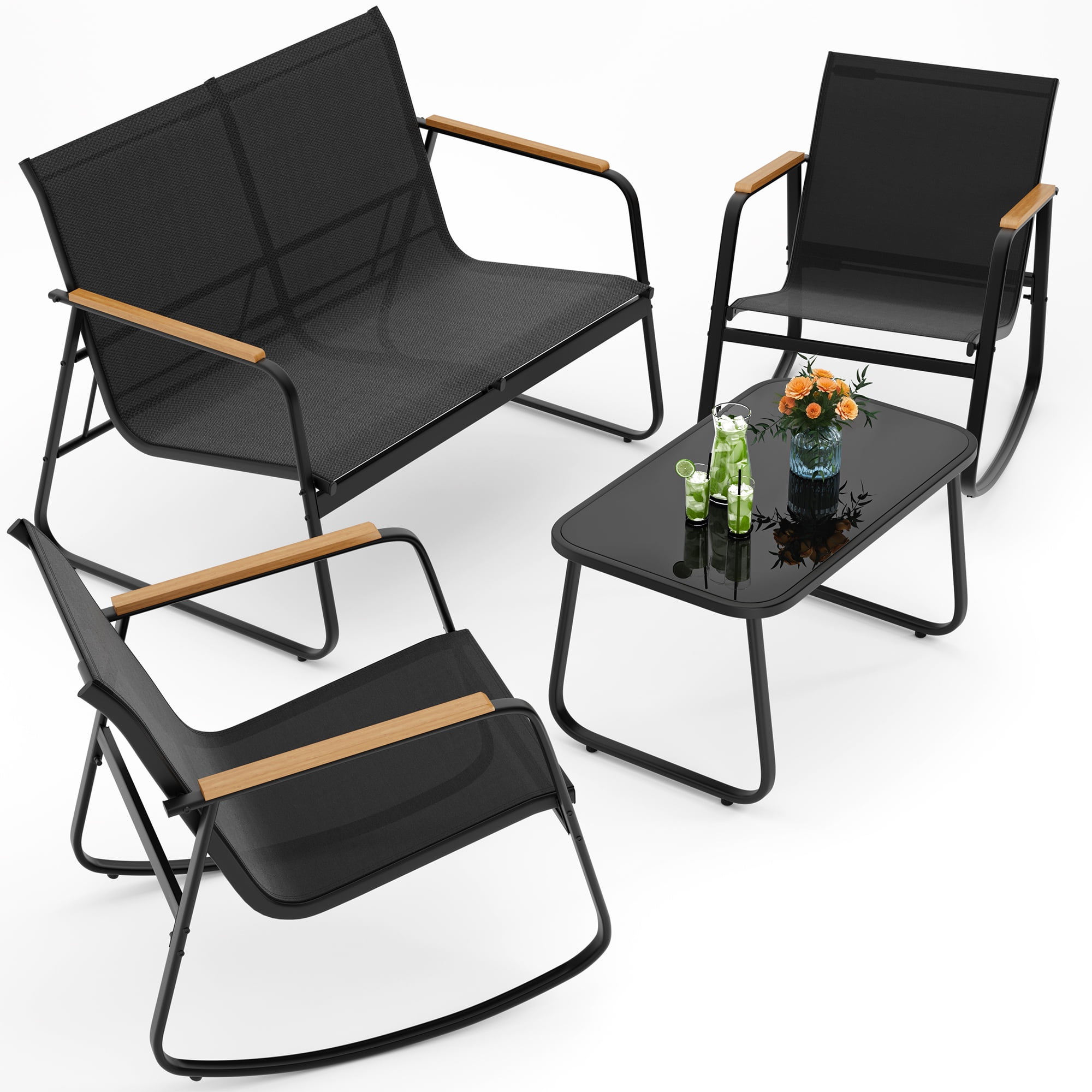 Lofka 4-Piece Patio Furniture Set with Rocking Chairs, Loveseat, and Glass Coffee Table (Black) 9pbiv