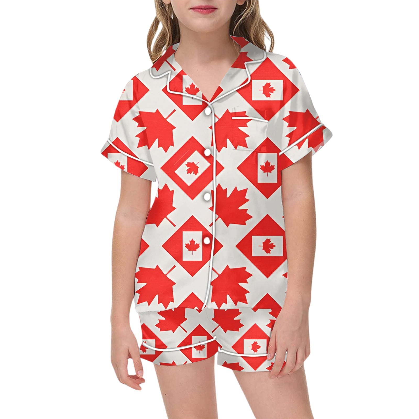 Zenthread Girls Summer Two-Piece Outfit Maple Leaf Print Short Sleeve Collared Shirt and Shorts Set (Beige, 2-3T) id190