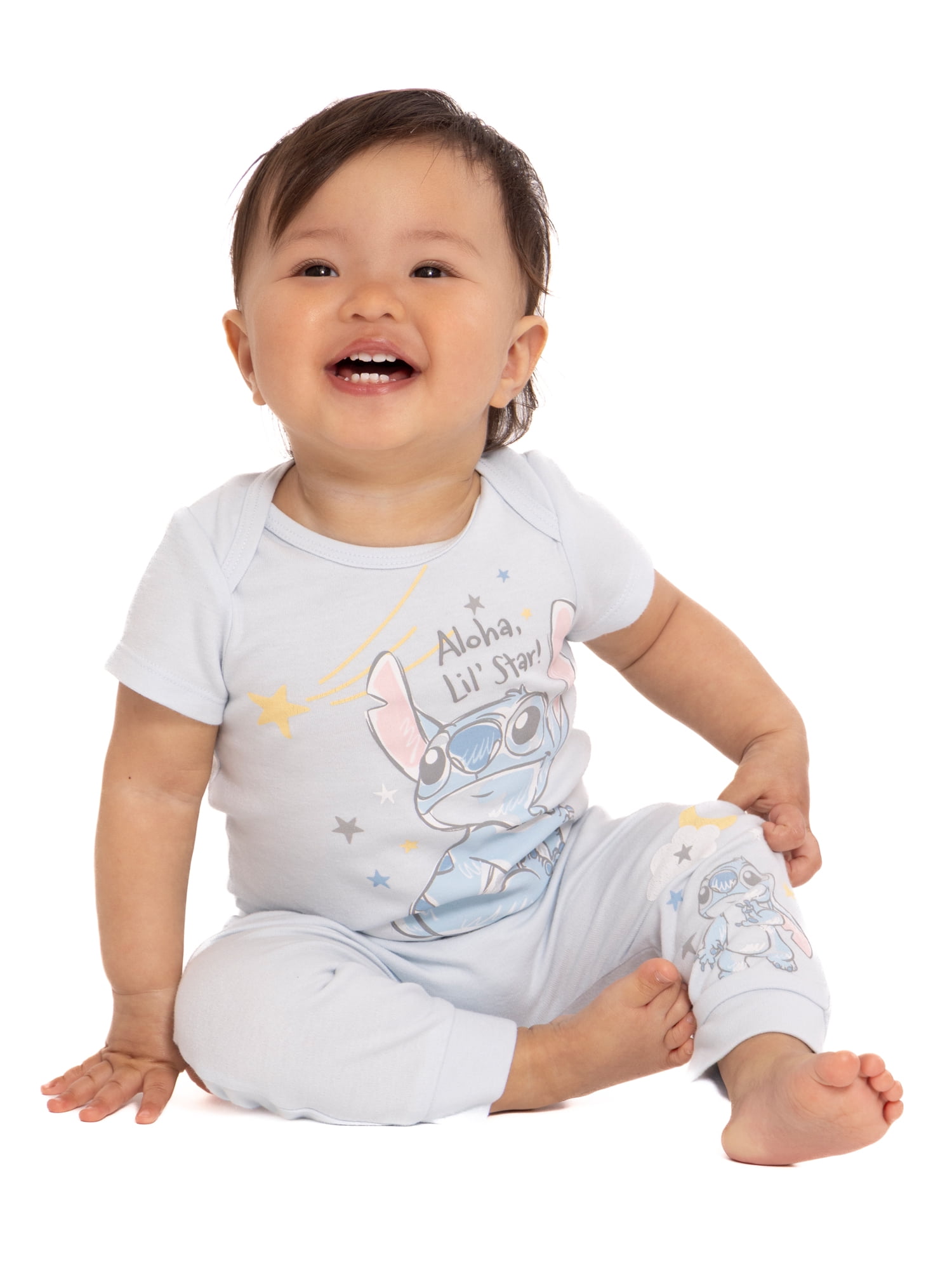 Lilo & Stitch Baby Bodysuit Set, Soft Cotton Blend Short Sleeve Rompers (Blue, 3-Pack) qr5sm