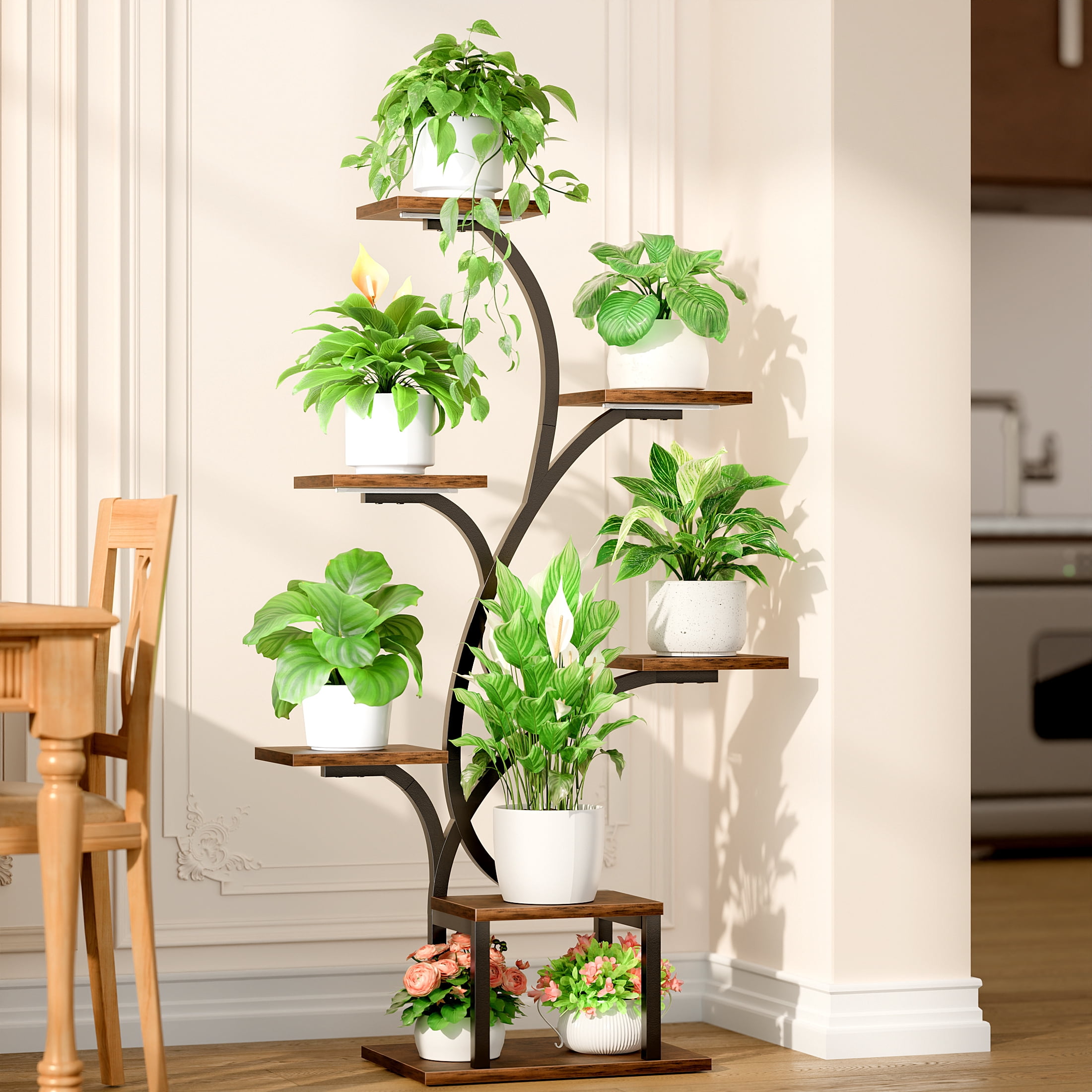 BECOKOME 7-Tier Indoor Plant Stand with LED Grow Lights, Vertical Corner Flower Display Rack (Black, 49 in) 4qr55