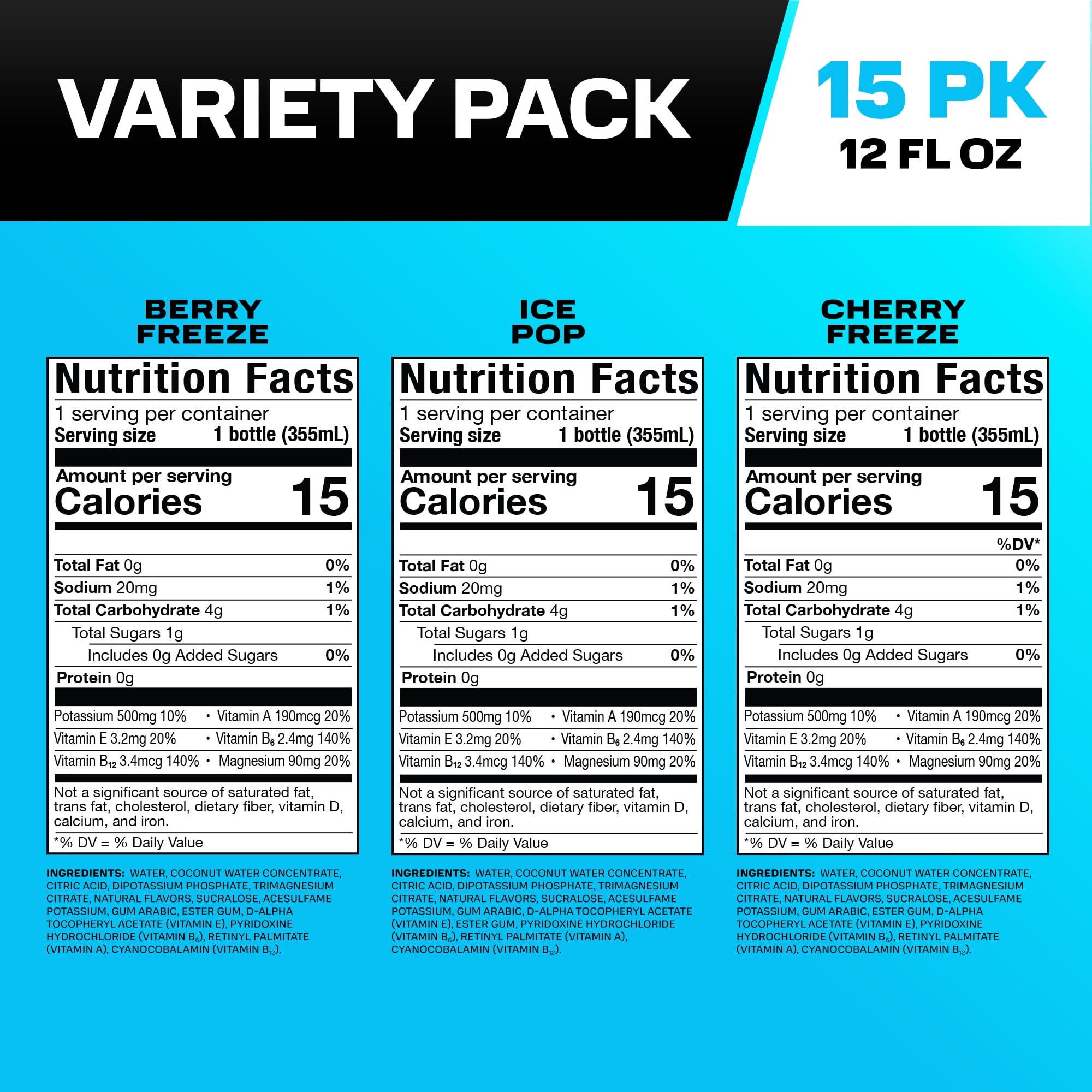 PRIME Hydration Sports Drink Variety Pack, Electrolyte Infused Beverage (Ice Pop, Cherry Freeze, Berry Freeze, 15 Pack, 12 fl oz) zpqk8