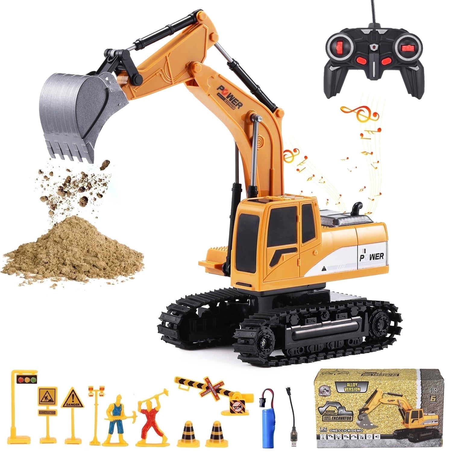 Zacro Remote Control Excavator Toy, 6-Channel RC Construction Truck with Metal Shovel, Lights and Sounds (Yellow, 1:24 Scale) 1h6nn