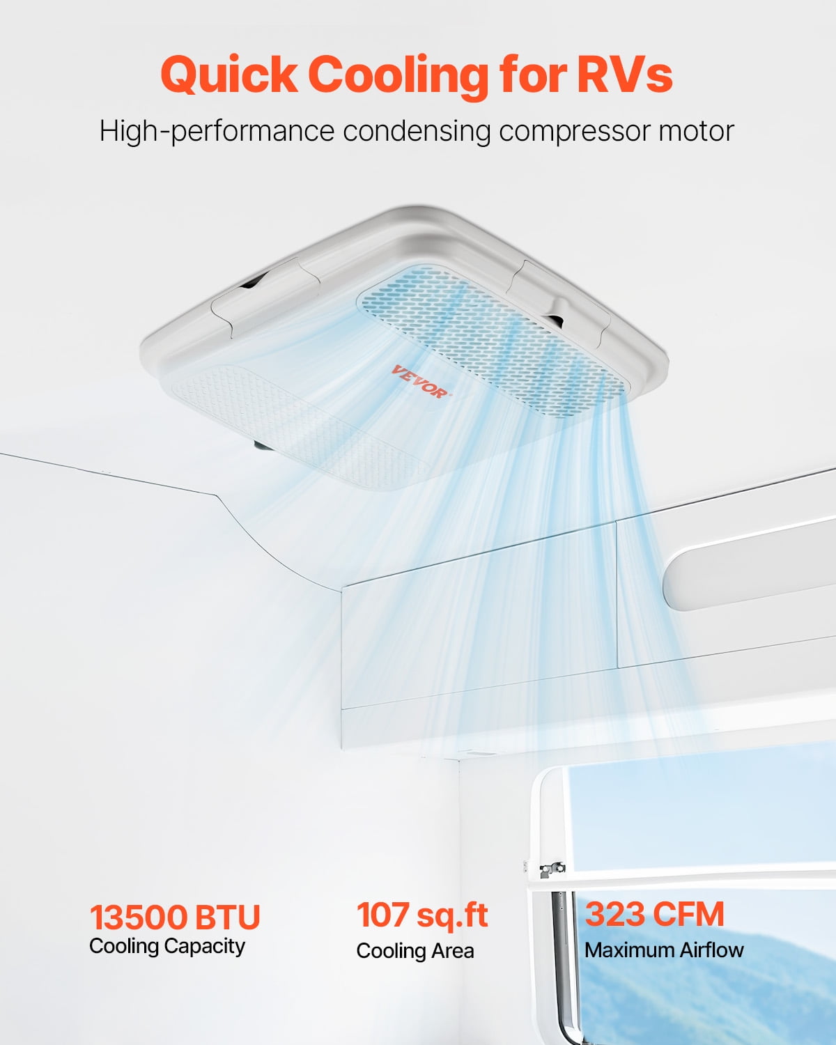 VEVOR RV Air Conditioner, 13500 BTU Non-Ducted Rooftop AC Unit, Quiet Cooling System for Campers and Trailers (White, 14.25 x 14.25 in) pwd3k
