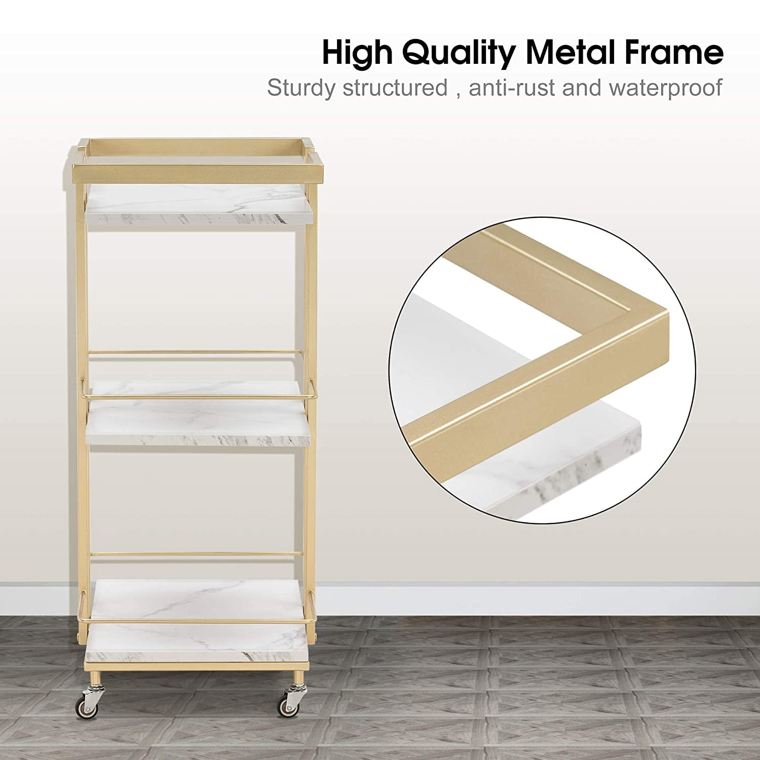 BarberPub 3 Tier Rolling Utility Cart, Heavy-Duty Metal Storage Trolley for Salon and Home (White, 16.9 in x 13 in x 29.9 in) 8uvmn