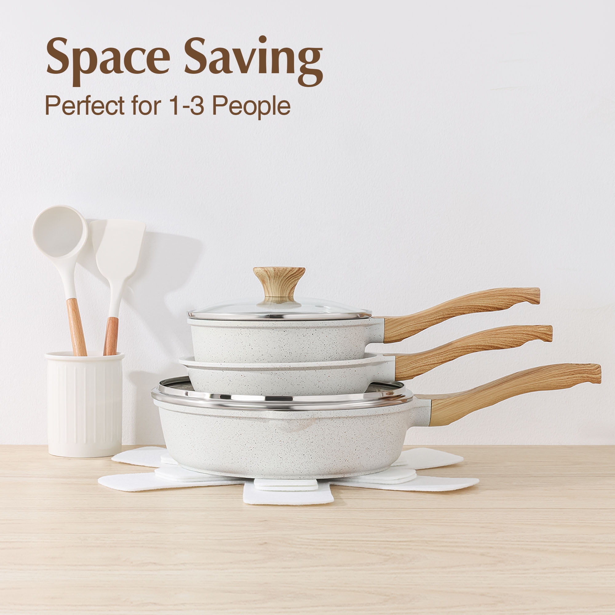 Sensarte 10-Piece Ceramic Nonstick Cookware Set, Induction Compatible Kitchen Pots and Pans with Stay-Cool Handles (White, 10-Piece) 2stxq