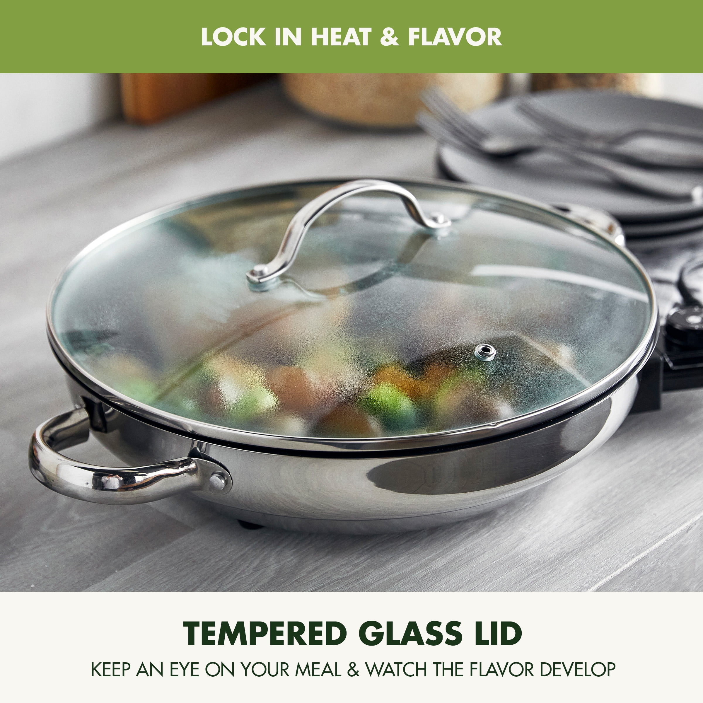 GreenPan Stainless Steel Electric Skillet with Ceramic Nonstick Coating (Silver, 12 in, 3.3 qt) 9en3k