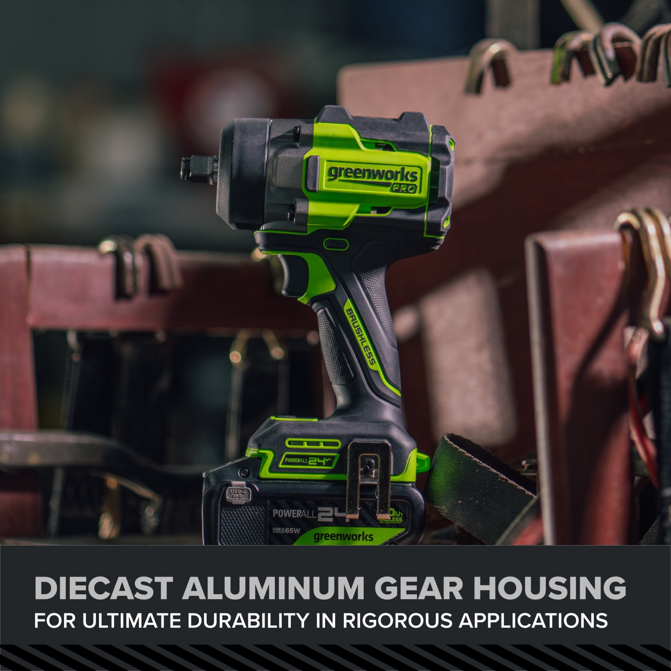 Greenworks Pro PowerAll 24V Brushless 1/2 in Impact Wrench (Green, 750 lb Breakaway Torque) g2aev
