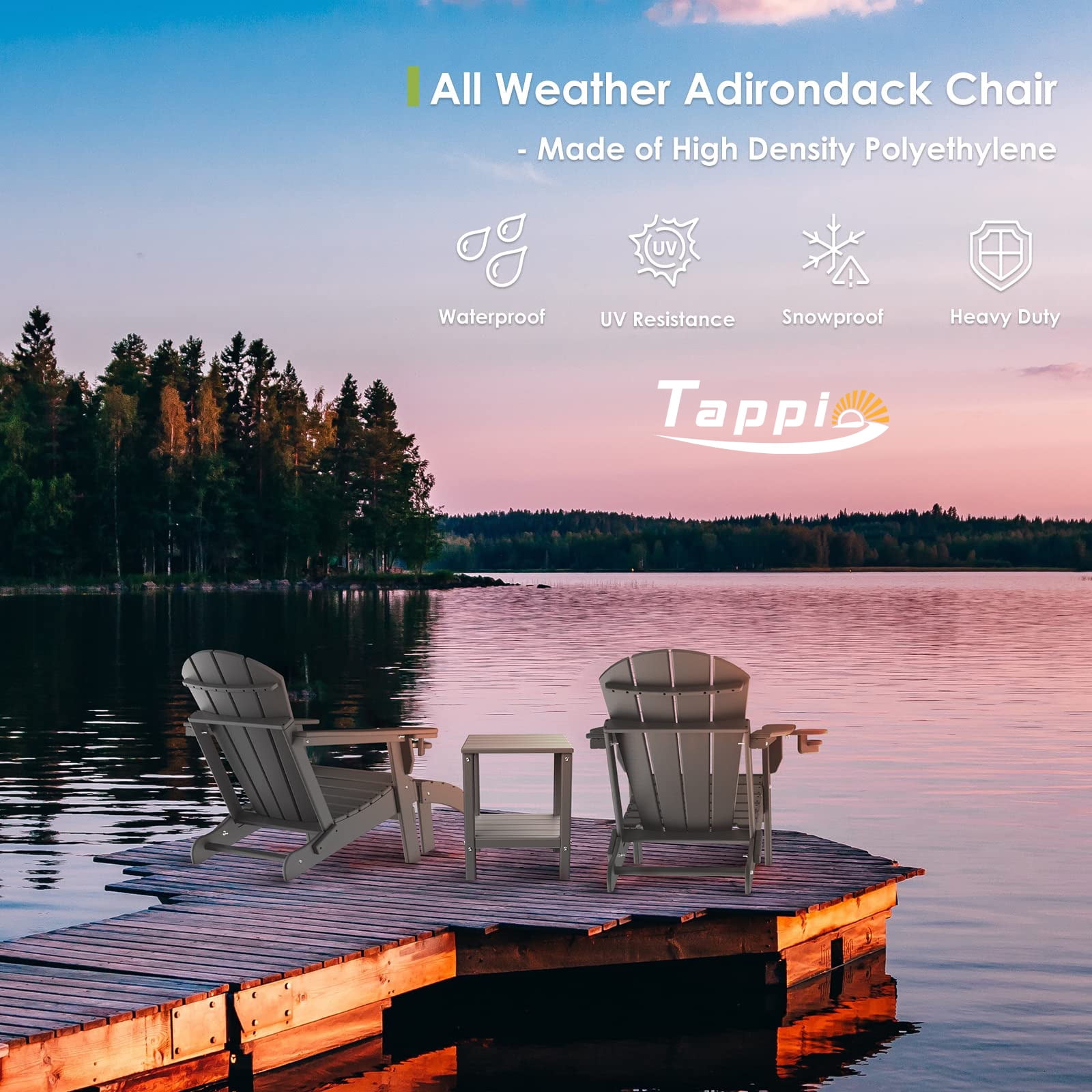 Tappio Foldable HDPE Adirondack Chair, All-Weather Outdoor Patio Seat with Cup Holder (Gray, 380 lb Capacity) ee82i