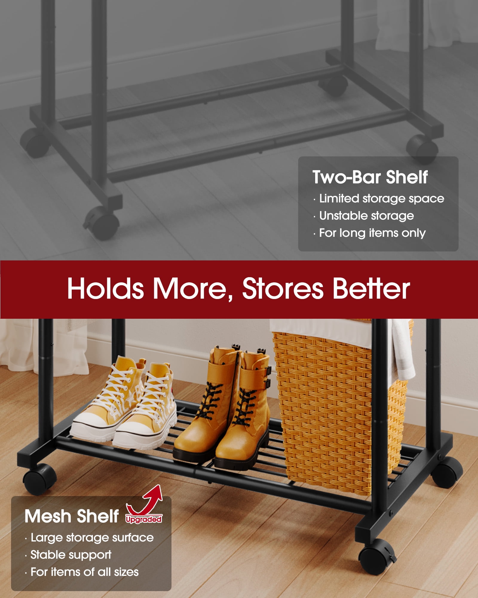 Sakugi Double-Rod Garment Rack with Hooks and Mesh Shelf, Heavy-Duty Rolling Clothing Organizer for Bedroom and Laundry (Black, 32.7 in x 16 in x 59.1 in) zesaf