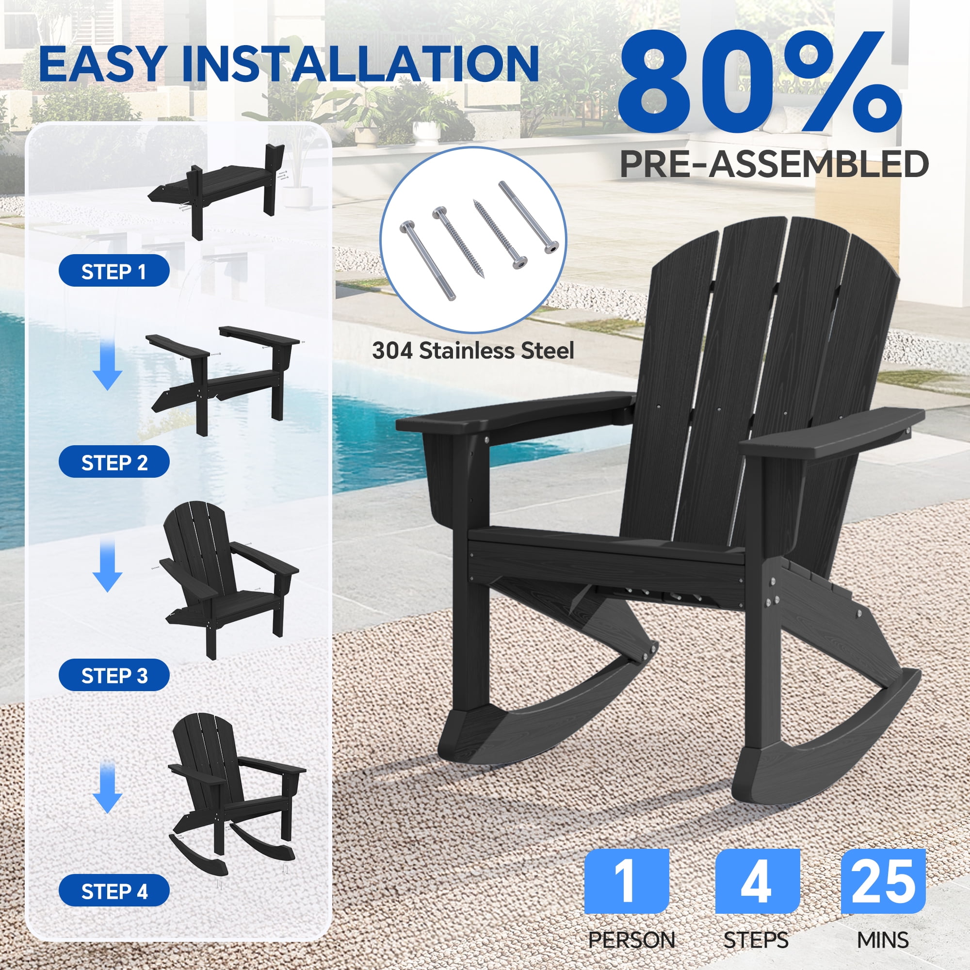 SERWALL Adirondack Rocking Chair, All-Weather HDPE Outdoor Patio Porch Rocker (Black, 33.46 in D x 28.94 in W x 38.19 in H) 8hgya