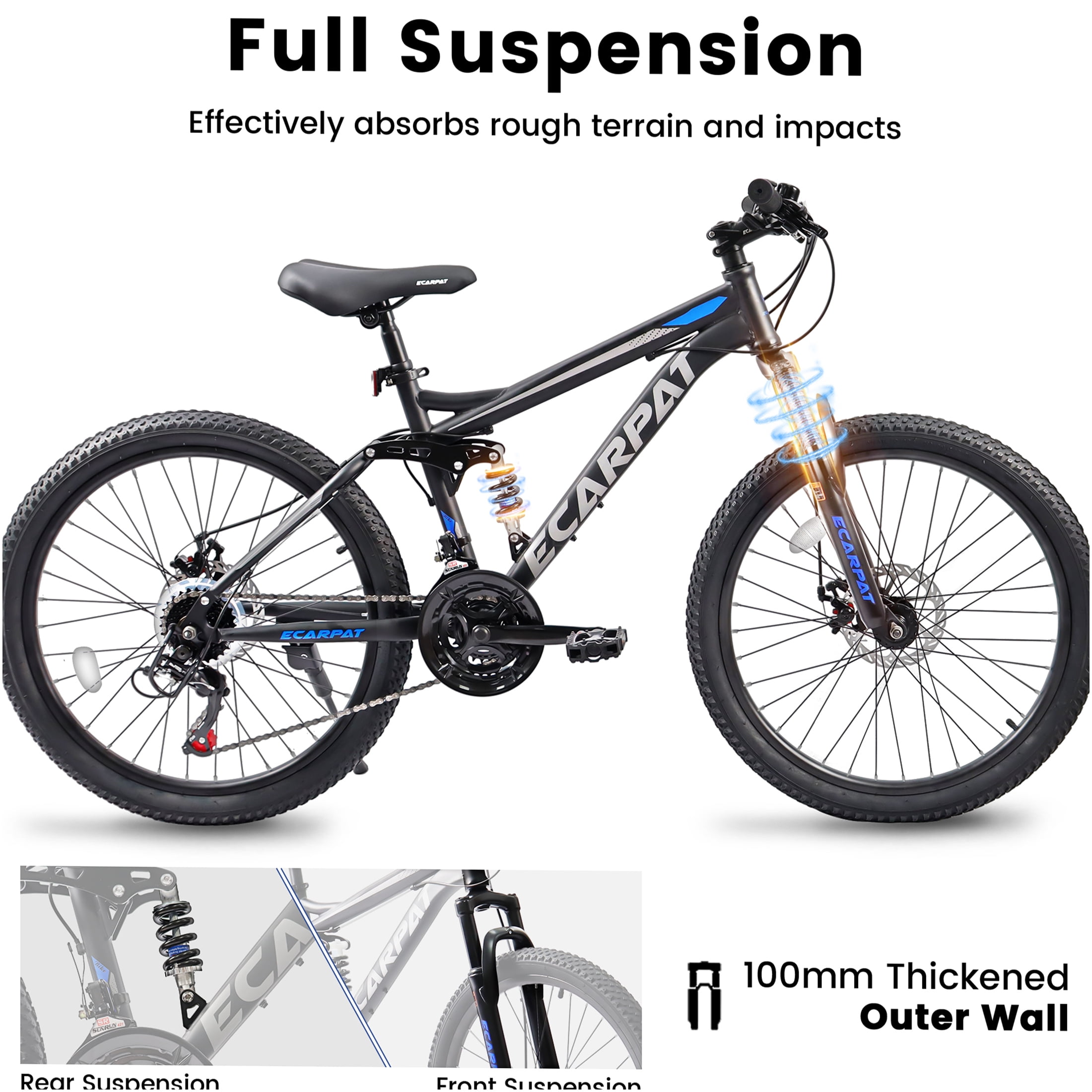JERFIT 26 Inch Mountain Bike, Full Suspension All-Terrain Bicycle with 21 Speed Gearing and Dual Disc Brakes (Black, 26 in) h9fg8