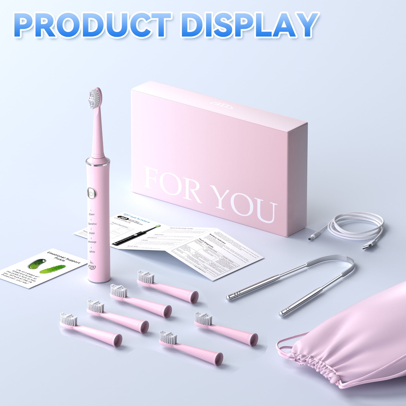 JTF Sonic Electric Toothbrush with 8 Brush Heads and Travel Case (5 Modes, Rechargeable, Pink) fvqxp