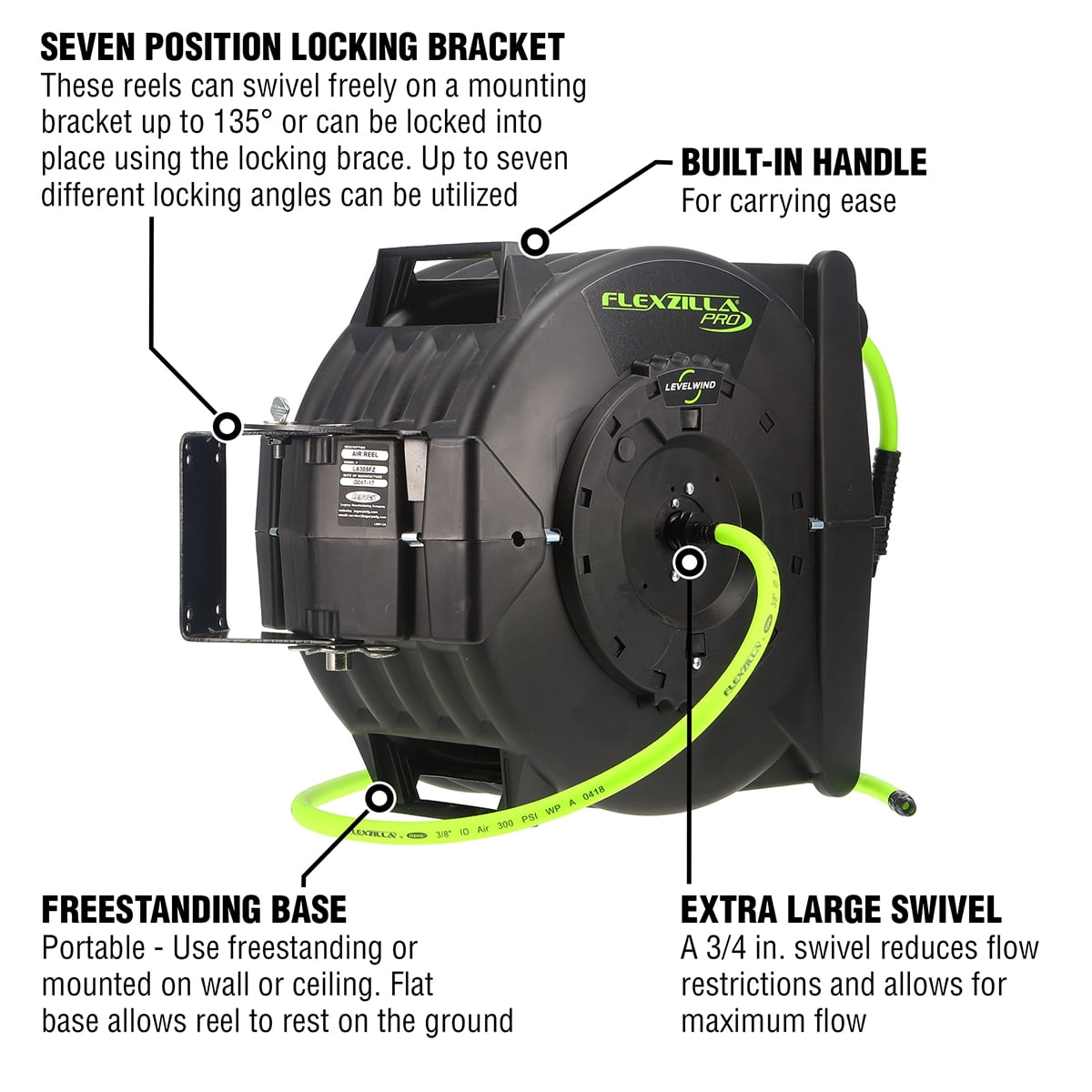Flexzilla Pro Retractable Air Hose Reel with Levelwind Technology (ZillaGreen, 3/8 in x 75 ft) 46eaz