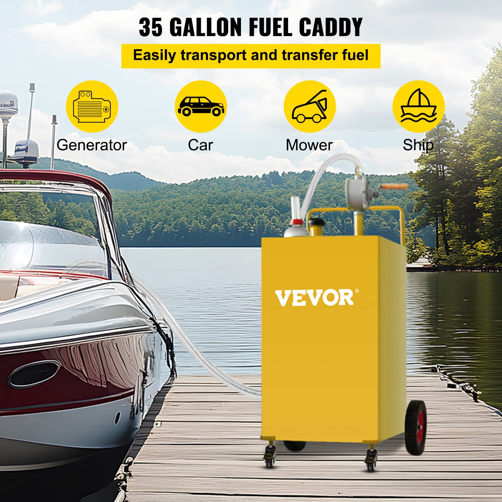 SKYSHALO 35 Gallon Portable Fuel Caddy with Rotary Pump and 4 Wheels (Yellow, 35 Gallon) jftmz