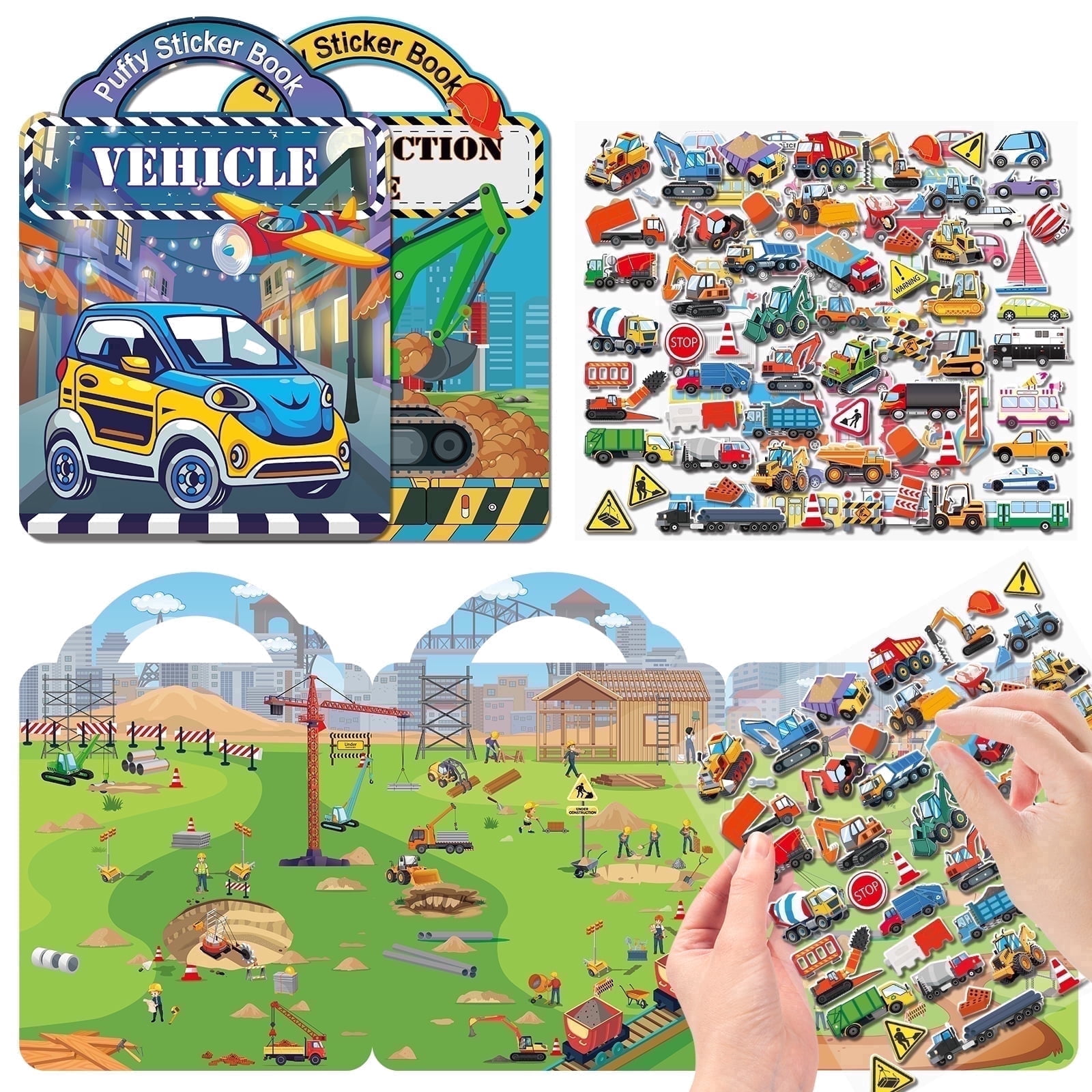 Elfew Puffy Sticker Books for Kids, 3D Reusable Construction and Vehicle Activity Set (Green, 2 Pack) 1gy62