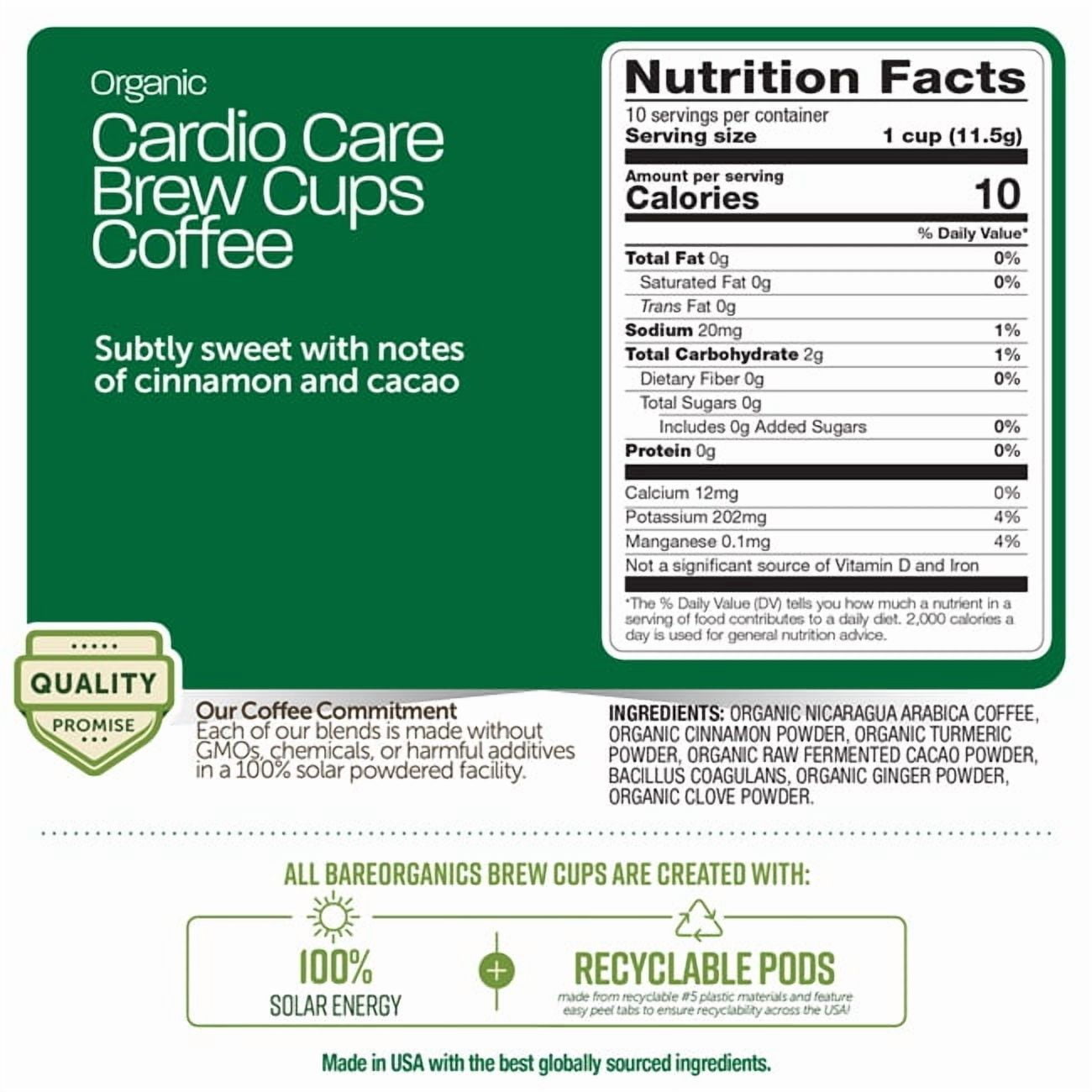 BareOrganics Cardio Care Organic Coffee Pods with Probiotics and Superfoods (10 Count, 4.87 oz) lep8f