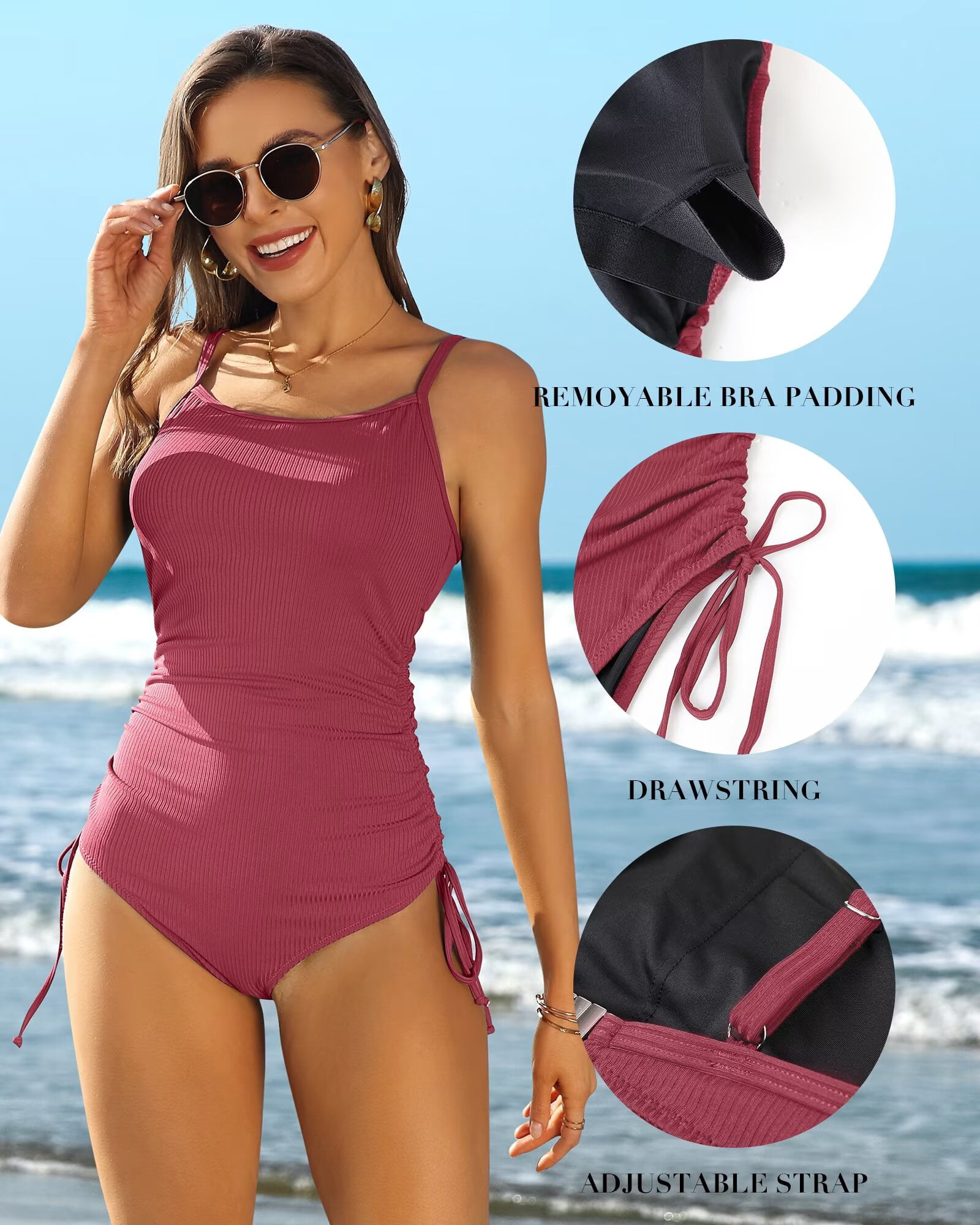 Charmo Ribbed One Piece Tummy Control Swimsuit (Ruched Monokini, Adjustable Tie Side) q5brf