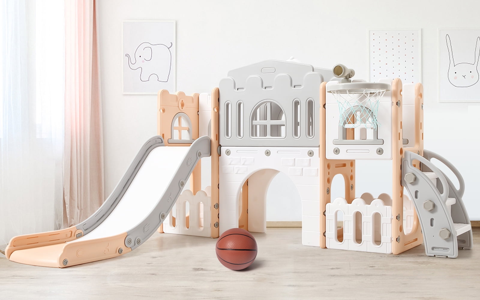 EastVita 8-in-1 Toddler Indoor Playground Playset with Slide, Basketball Hoop, and Storage (Pink Gray) rj117