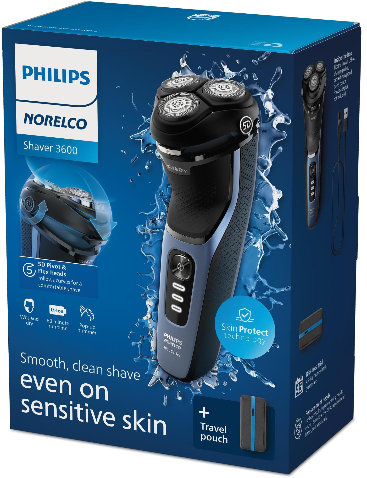 Philips Norelco Shaver 3600 Rechargeable Wet & Dry Electric Shaver with Pop-Up Trimmer (Black, 1 Count) 7s2y2