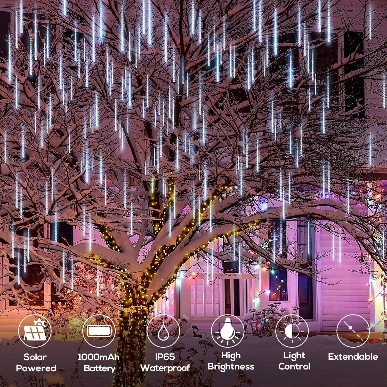 Elegant Choise Solar Meteor Rain LED String Lights Waterproof Outdoor Holiday Decor (White, 118 in) r96b7