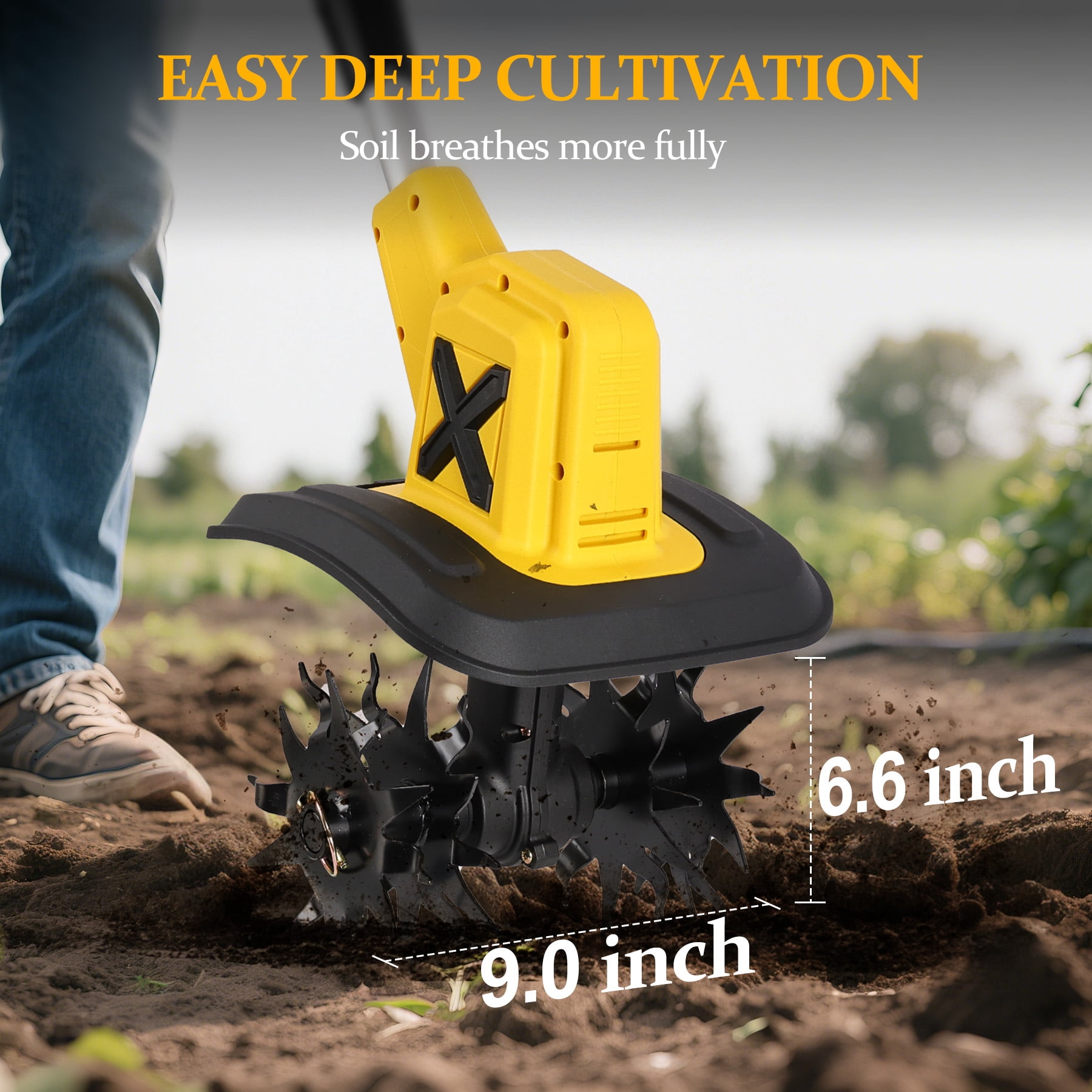 HUSGW Cordless Electric Tiller Cultivator, 21V Garden Rototiller with 2 Batteries & Charger (9 in Tilling Width, 6 in Depth) jd10g
