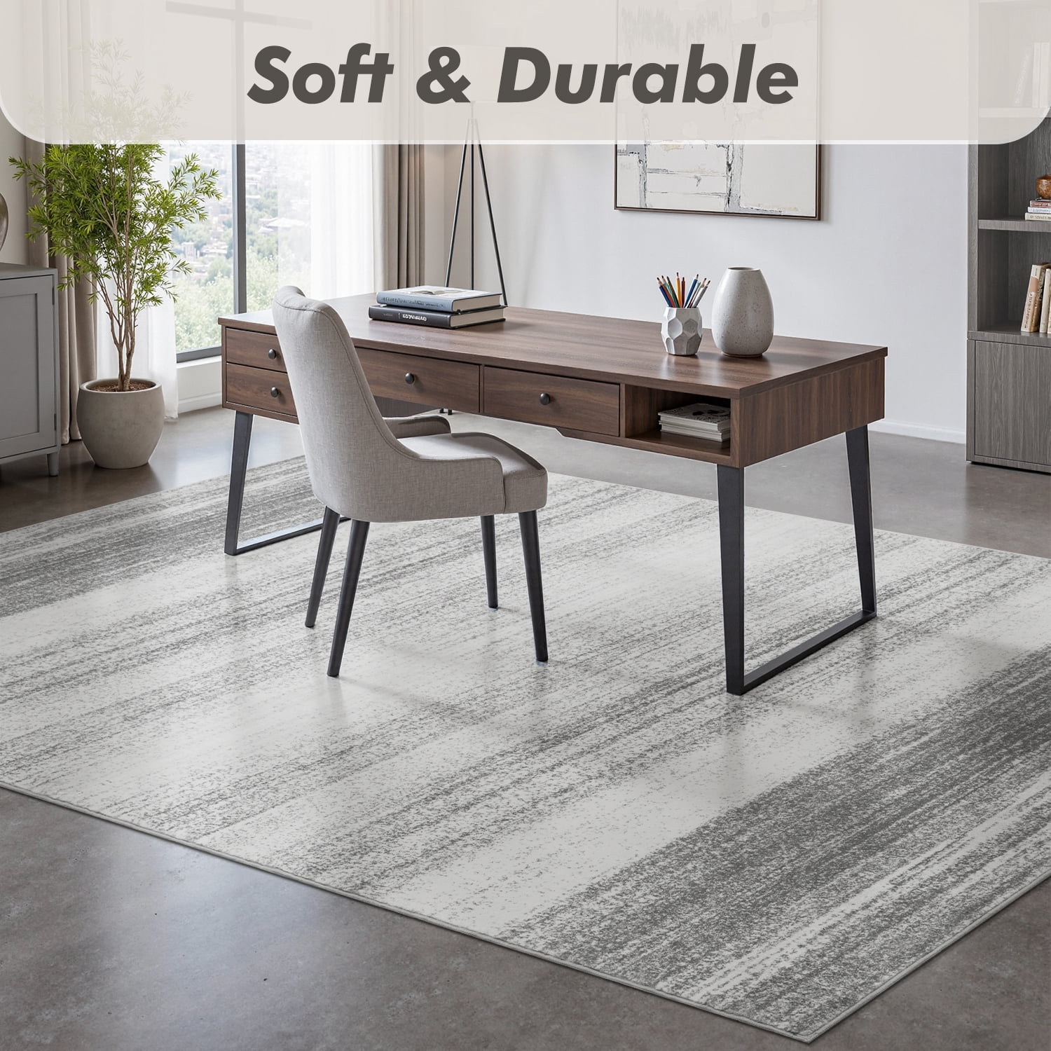 VUNATE Modern Abstract Area Rug, Washable Soft Contemporary Neutral Carpet for Living Room and Bedroom (Light Gray, 5 ft x 7 ft) kw9iw